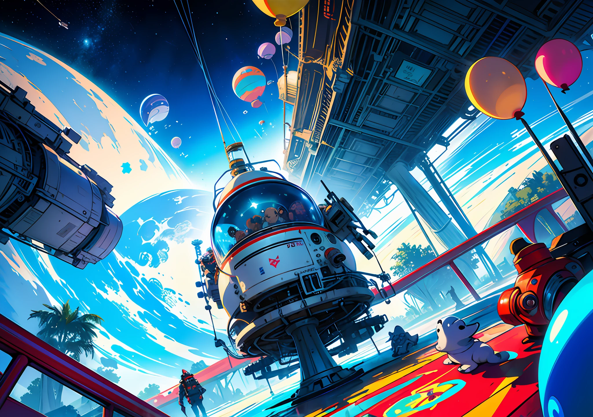 Highest quality, masterpiece, super detailed reflections, lots of raised balloons, a picture of a space amusement park, wide-angle shots, there is a furry man and alien friends holding a bunch of balloons, behind a Ferris wheel and roller coaster, the farthest a cosmic octopus fighting astronauts, cosmic concept art, in a space environment, epic spaceship scenes, alien battles in space, game art!!, spacewalk scenes, speed painting and graffiti art, on the space station, concept art for video games, Scenes in space, (Playground: 2) (Roller Coaster: 2) (Colorful Balloons: 1.6), Fairy Tale World,