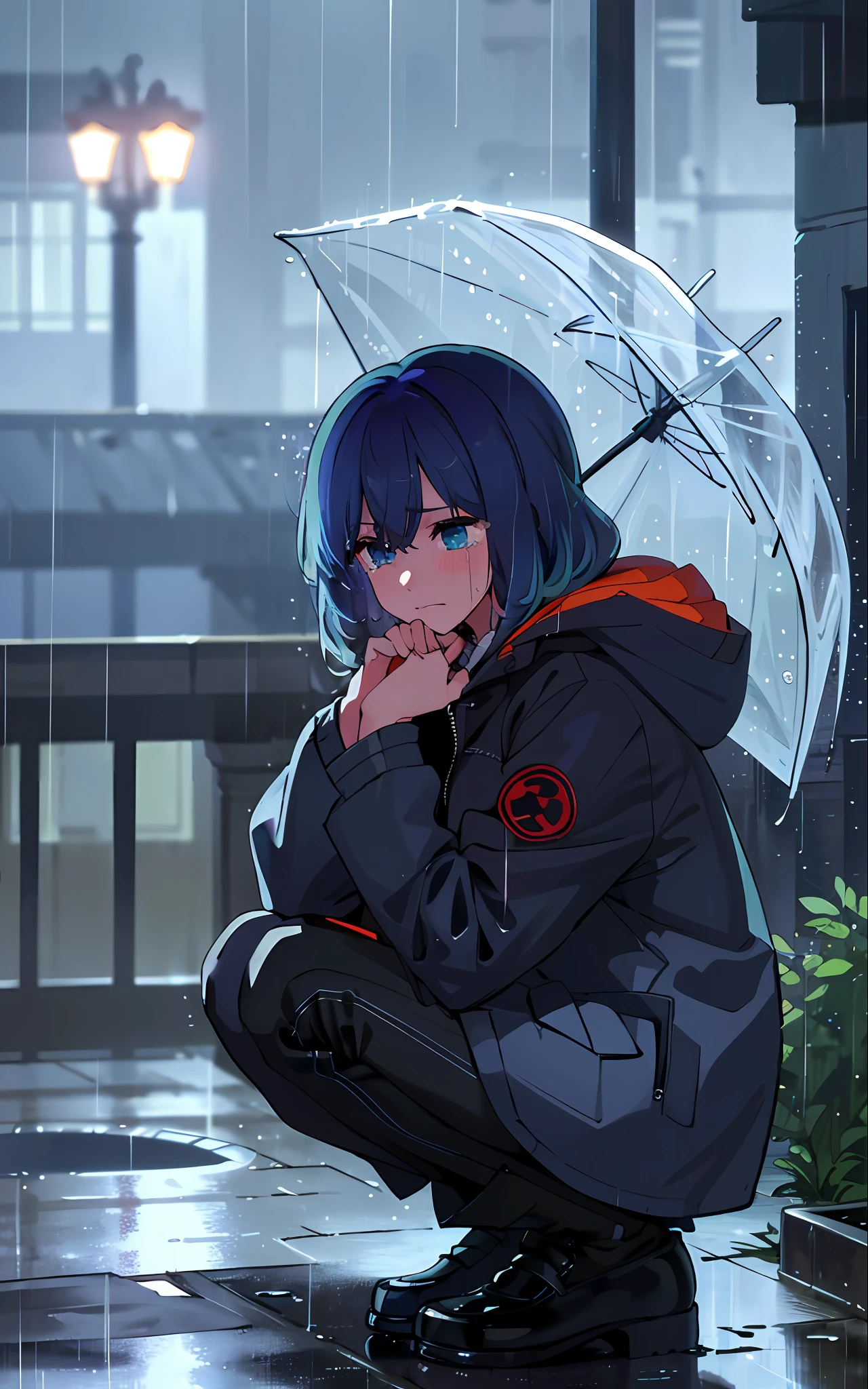 (masterpiece:1.2, best quality), (real picture, intricate details), (night, dark, downpour:1.4)
There was no one in the alley, and the surroundings were silent, only the raindrops sprinkled on the tile eaves of the low houses near and far, making a slight rustling sound. In the cold rain, (1girl, wet hooded jacket, sad, tears in eyes, shivering:1.2) squatting on the ground, blue hair, blue eyes