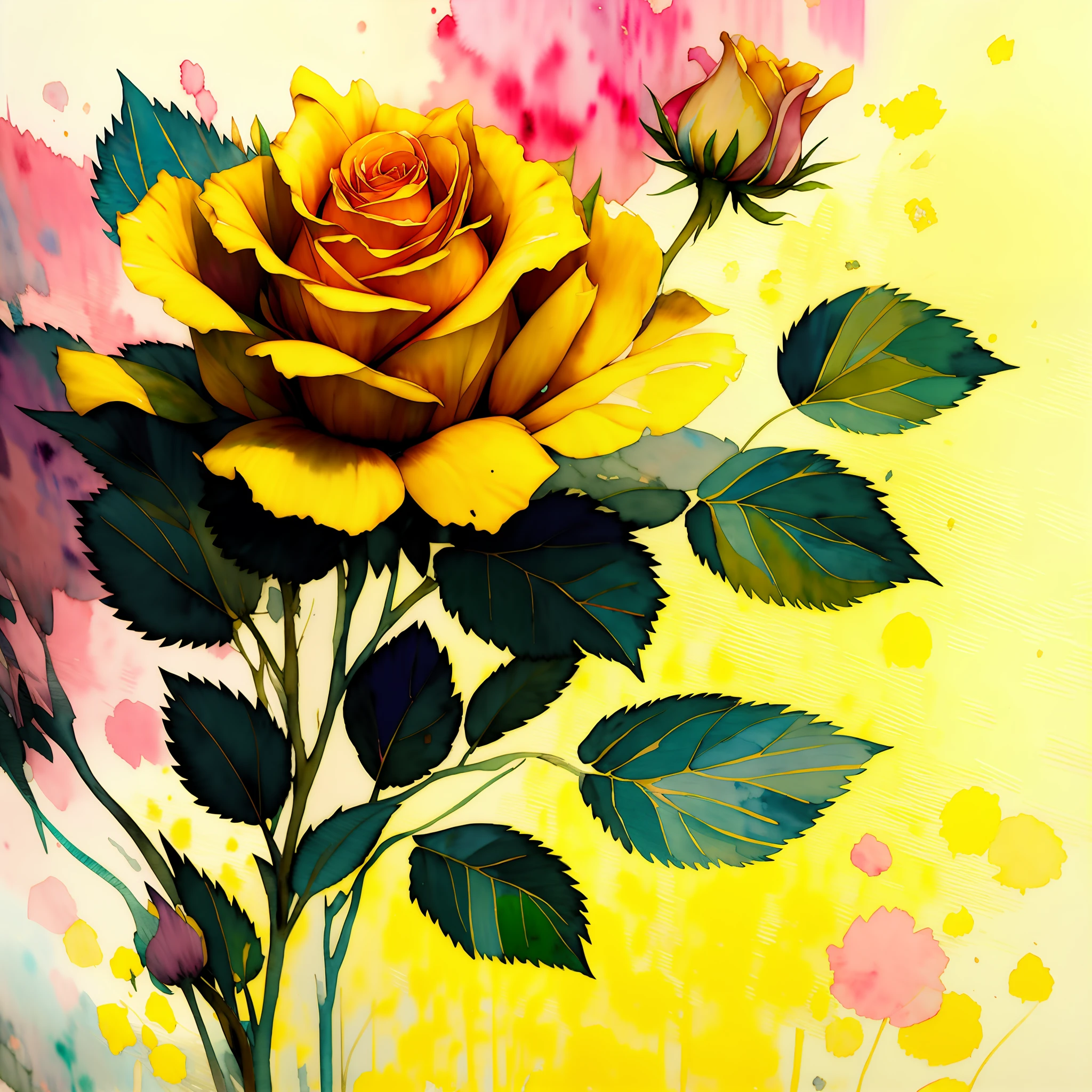 wtrcolor style, digital art of (yellow roses), official art, blown by the wind, masterpiece, beautiful, ((watercolor)), splashes of paint, intricate details. Great detail, [pinging: 0.5], trend on Artstation, Rachel Walker