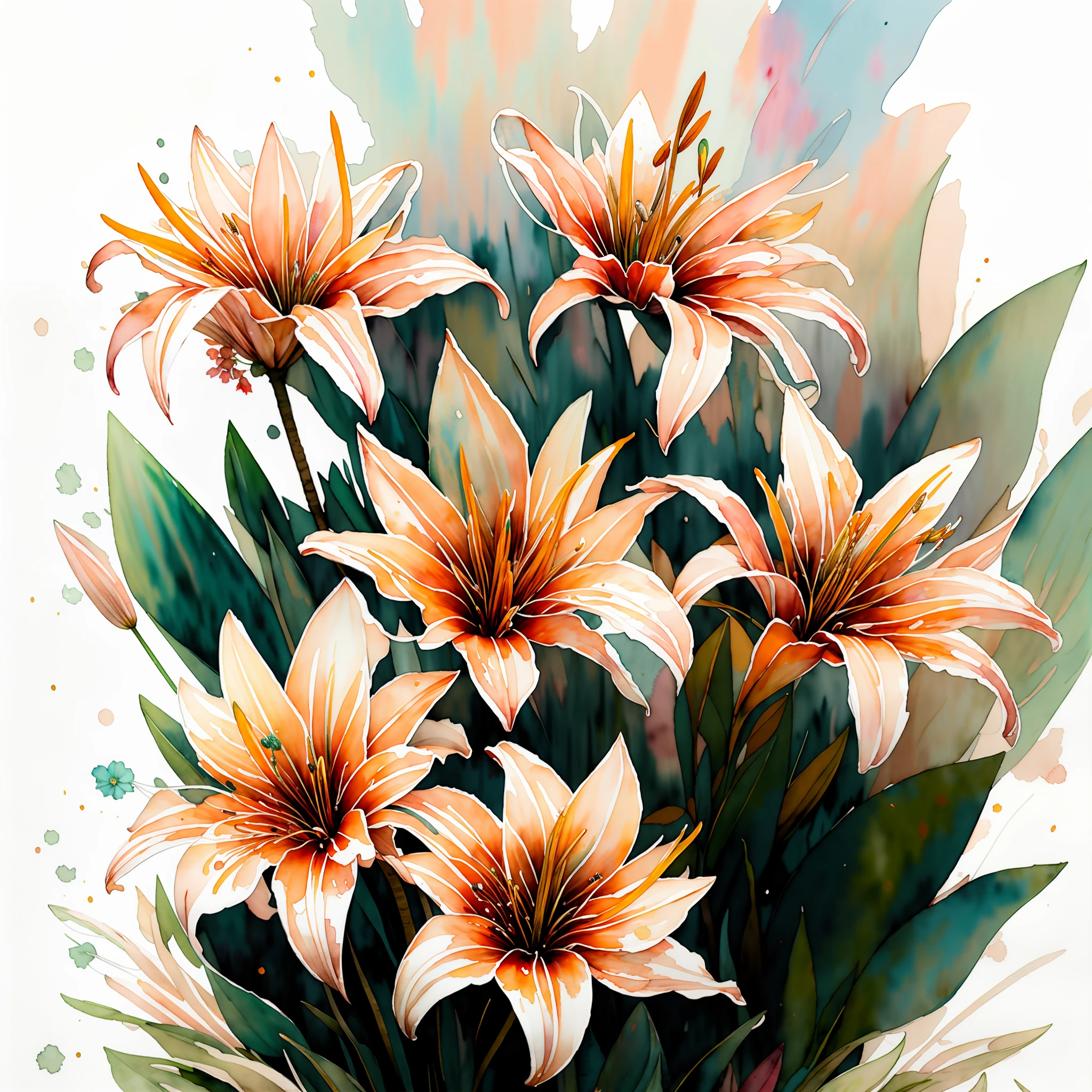 wtrcolor style, digital art of (lilies), official art, blown by the wind, masterpiece, beautiful, ((watercolor)), paint splatter, intricate details. Great detail, [dripping:0.5], trending on Artstation, Rachel Walker