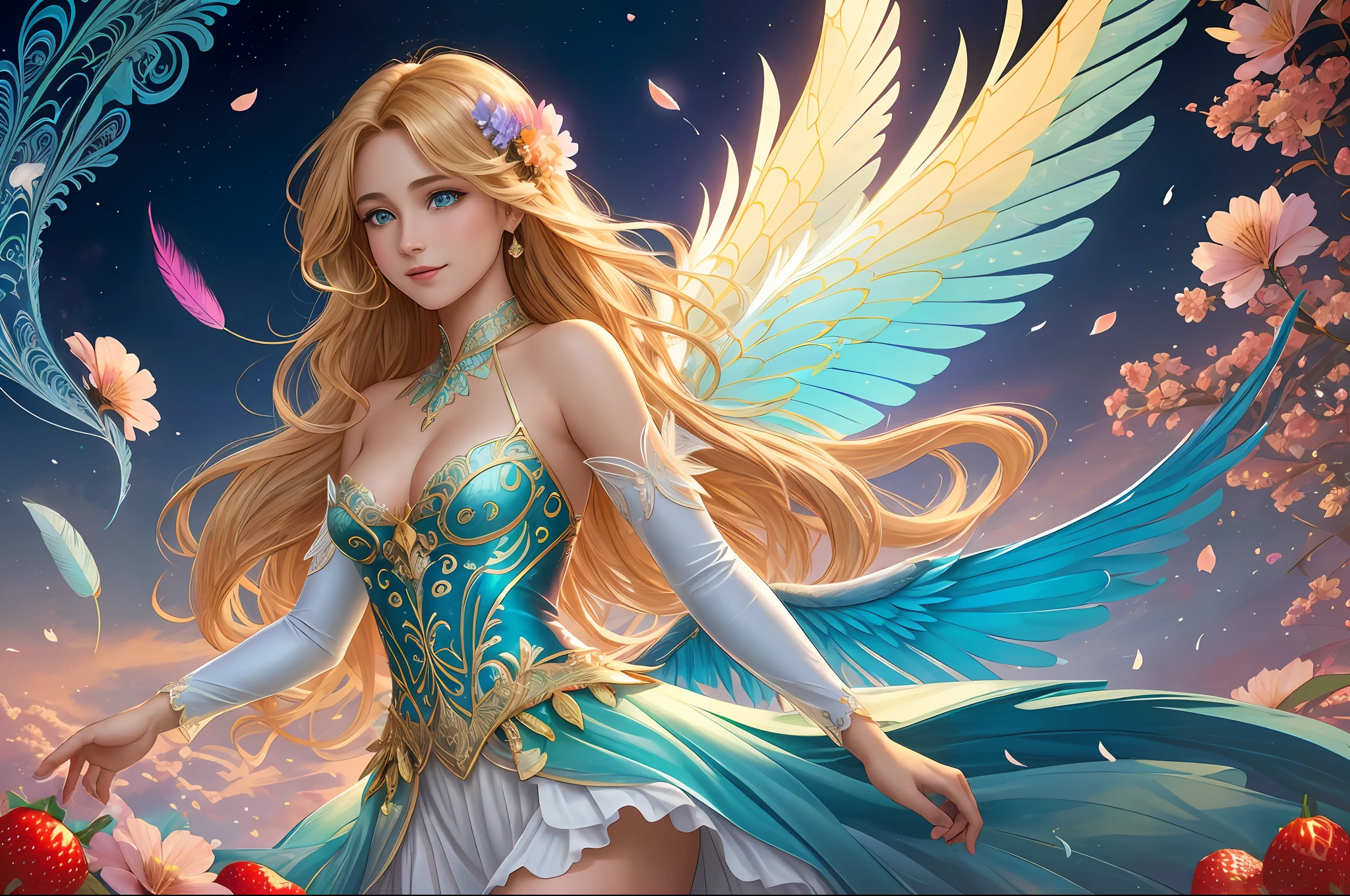 1man, fallen angel, dazzling beauty, golden hair, deep blue eyes, sad and wise. Imposing, tall stature, haughty posture. feather wings, dark and blackened, wears elegant and simple clothes, black and grey, introspective
1Woman, fairy, graceful and charming, ethereal beauty, blonde hair, big bright eyes, emerald green color, joy and vivacity. small stature, smooth and graceful movements, translucent wings, iridescent hue, reflects light, flowing dresses, soft shades of blue and green, adorned with delicate flowers and subtle sparkles, radiant and contagious smile, (strawberry and cream:1.2), friends, colorful, cinematic lighting, cowboy shot, solo, smiling, intricate skirt, ((flying petal)), flowering meadow, moonlight, moon, night, cinematic lighting, fantasy background, dynamic angle, focus on the body, extremely detailed, (abstract background, zentangle fractal art:1.3), (many colors, colorful:1.1), (feathers, petals, flowers:1.3), dynamic pose, friends, angel, fairy, together, flying