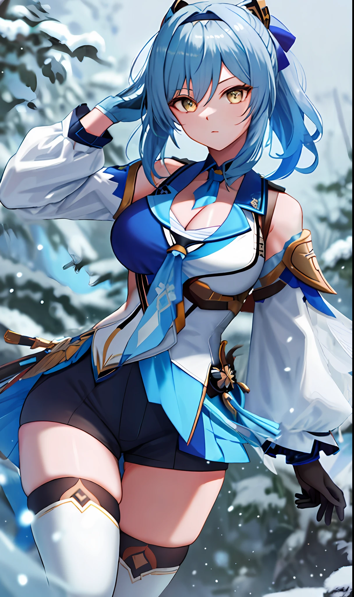 ((masterpiece, best quality)), (1girl),((mature female)), lightblue hair,thighhighs, hairband, thighs, long sleeves, gloves,  bangs, dark golden yellow eyes, medium hair, leotard, hair ornament, black hairband, shoulder cutout, black thighhighs, blue necktie, (large breasts:1.2), (busty),armpits, tying hair,curvy,cleavage,confident, [wide hips],snowing,nature, eula \(genshin impact\), pov