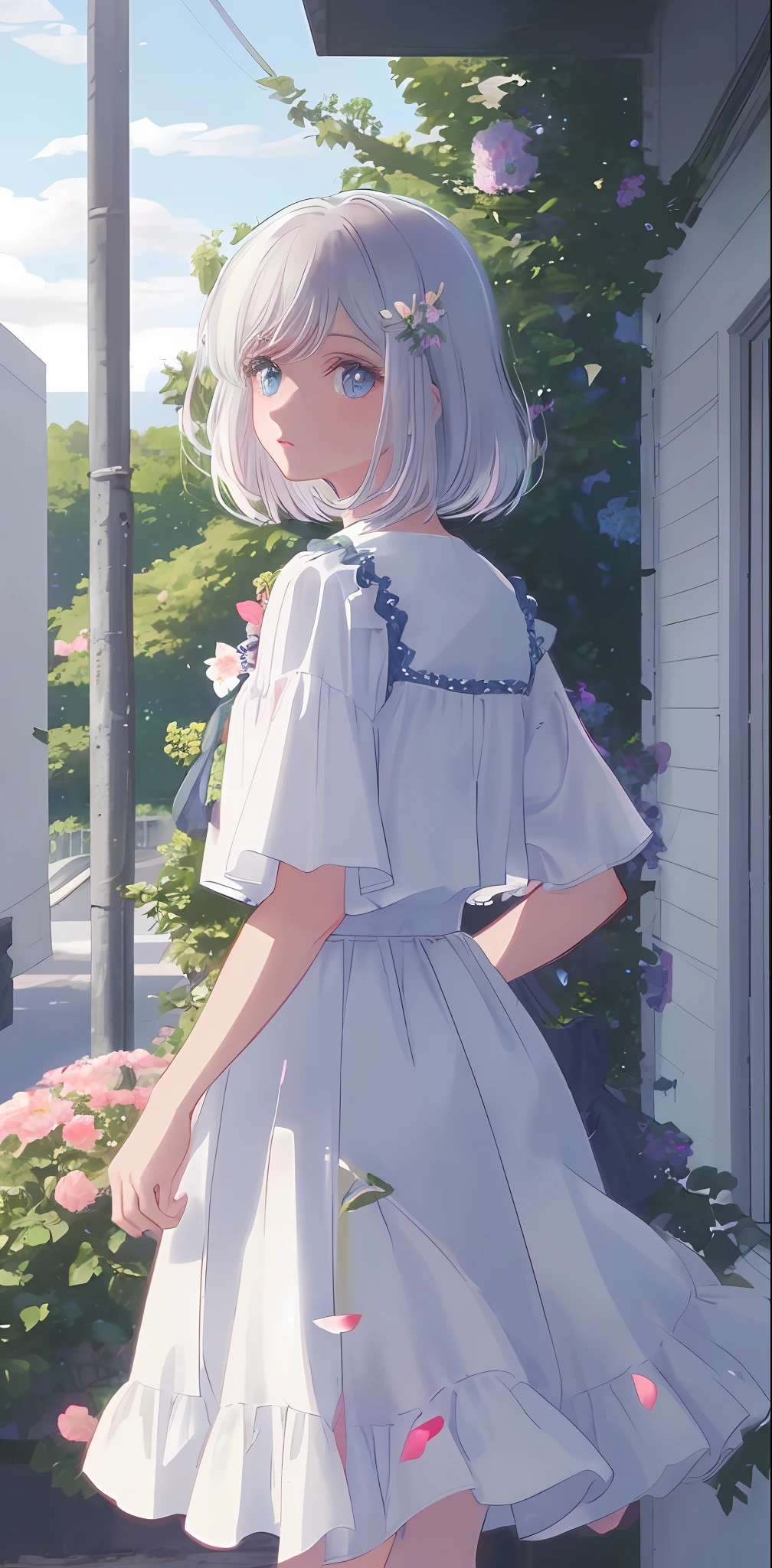 solo, 1girl, white hair, dark blue eyes, glowing eyes, cropped top, skirt, parted lips, blush, night, flowers, sun, sunlight, white skirt, short skirt, medium length hair, real, warm colors, white short Dress, white clothes, light background color, day environment, bright color background, ocean, cute,