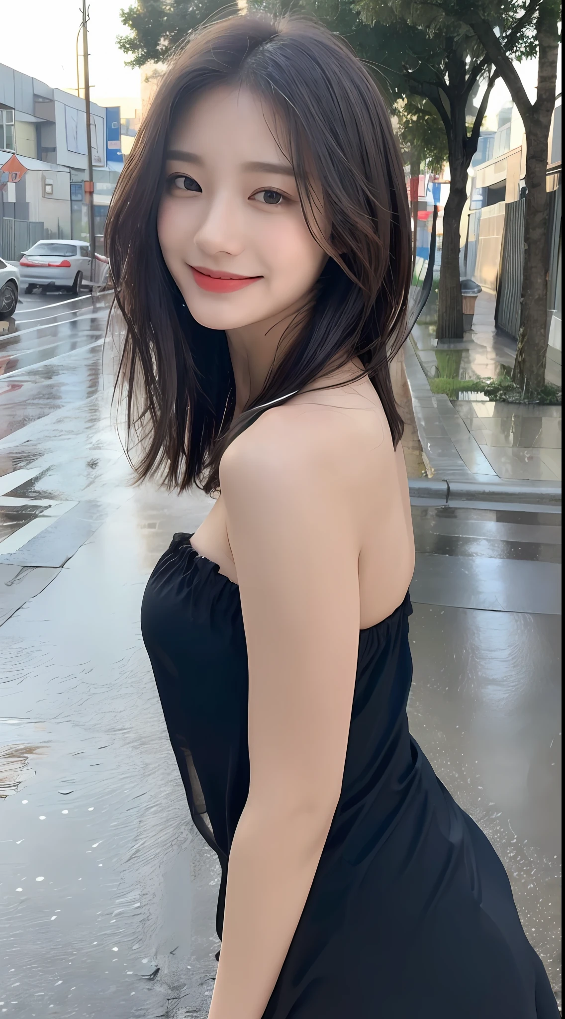 ((Best Quality, 8K, Masterpiece:1.3)), Focus: 1.2, Perfect Body Beauty: 1.4, Buttocks: 1.2, ((Layered Haircut, Breasts: 1.2)), (Wet Clothes: 1.1), (Rain, Street:1.3), Bandeau Dress: 1.1, Highly Detailed Face and Skin Texture, Fine Eyes, Double Eyelids, Whitening Skin, Long Hair, (Shut Up: 1.3), Smile