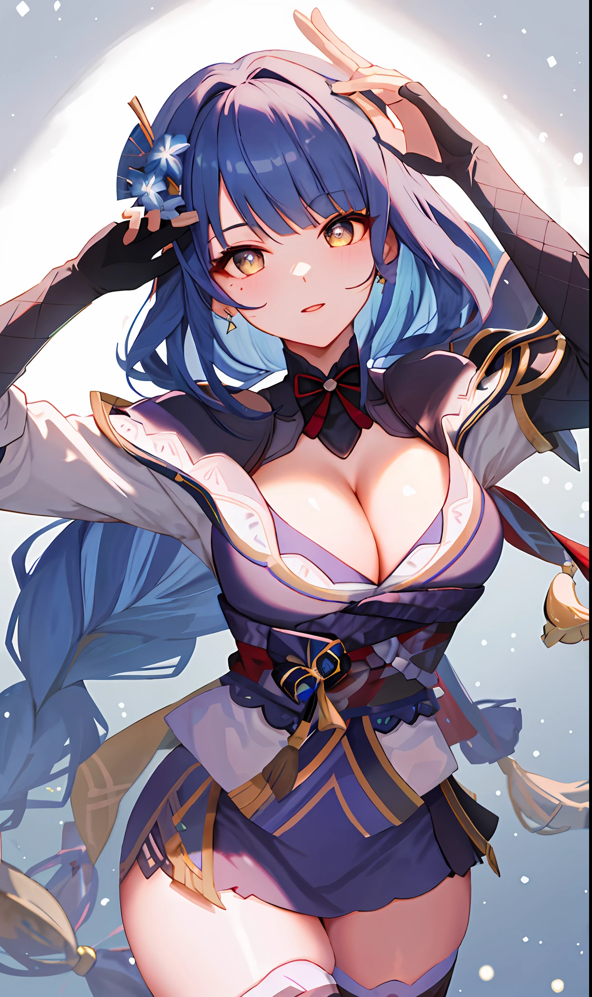 ((masterpiece, best quality)), (1girl),((mature female)), lightblue hair,thighhighs, hairband, thighs, long sleeves, gloves,  bangs, dark golden yellow eyes, medium hair, leotard, hair ornament, black hairband, shoulder cutout, black thighhighs, blue necktie, (large breasts:1.2), (busty),armpits, tying hair,curvy,cleavage,confident, [wide hips],snowing,nature, eula \(genshin impact\), pov