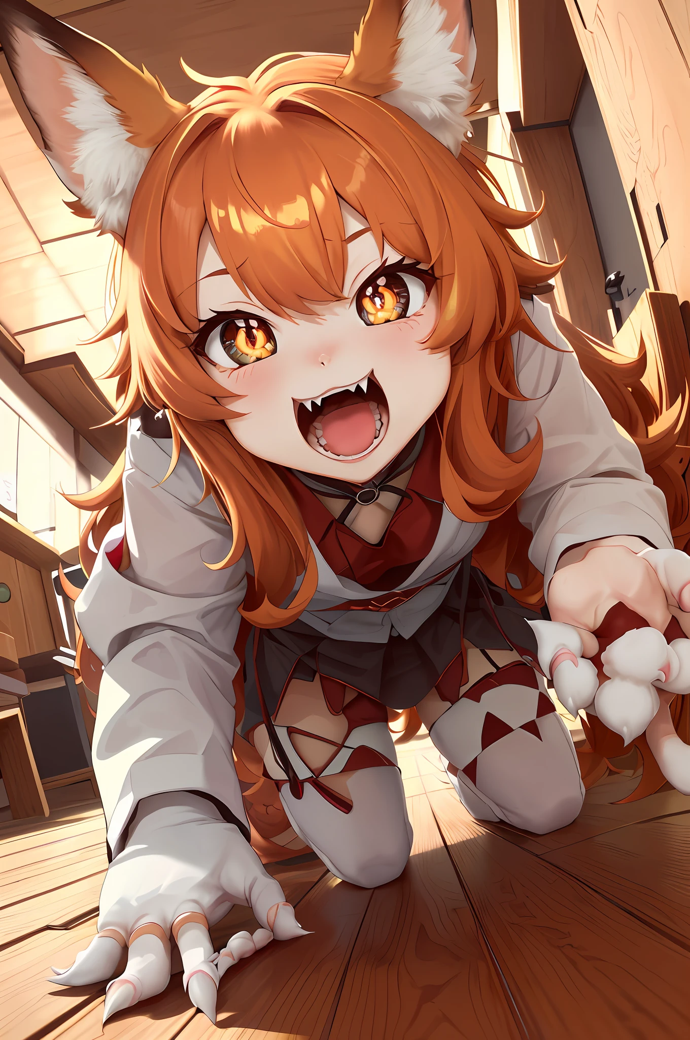 (Pov Wide-Angle 30mm)) ((stronger foxgirl , big eyse dilated pupils , cute , hand Claw , crawls ))(( wants to eat you, he looks at you))