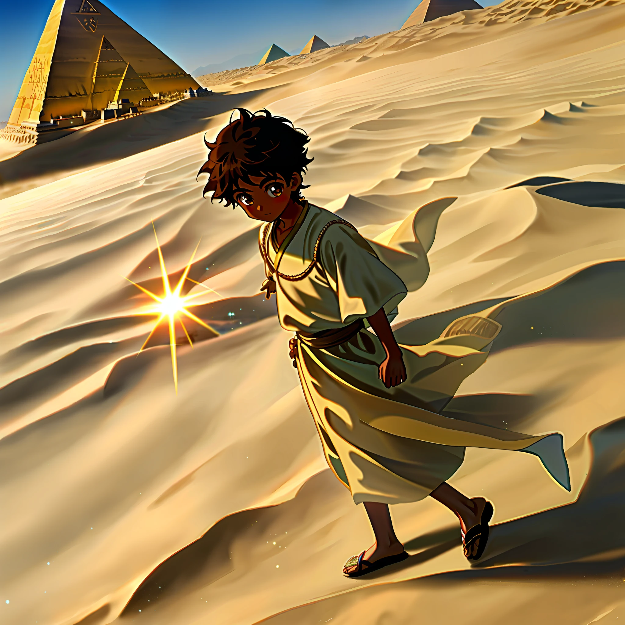 1boy,playing in sand, pyramid background, sun, clear sky, windy, Arabian clothes, brown skin, sparkly eyes, safe for work