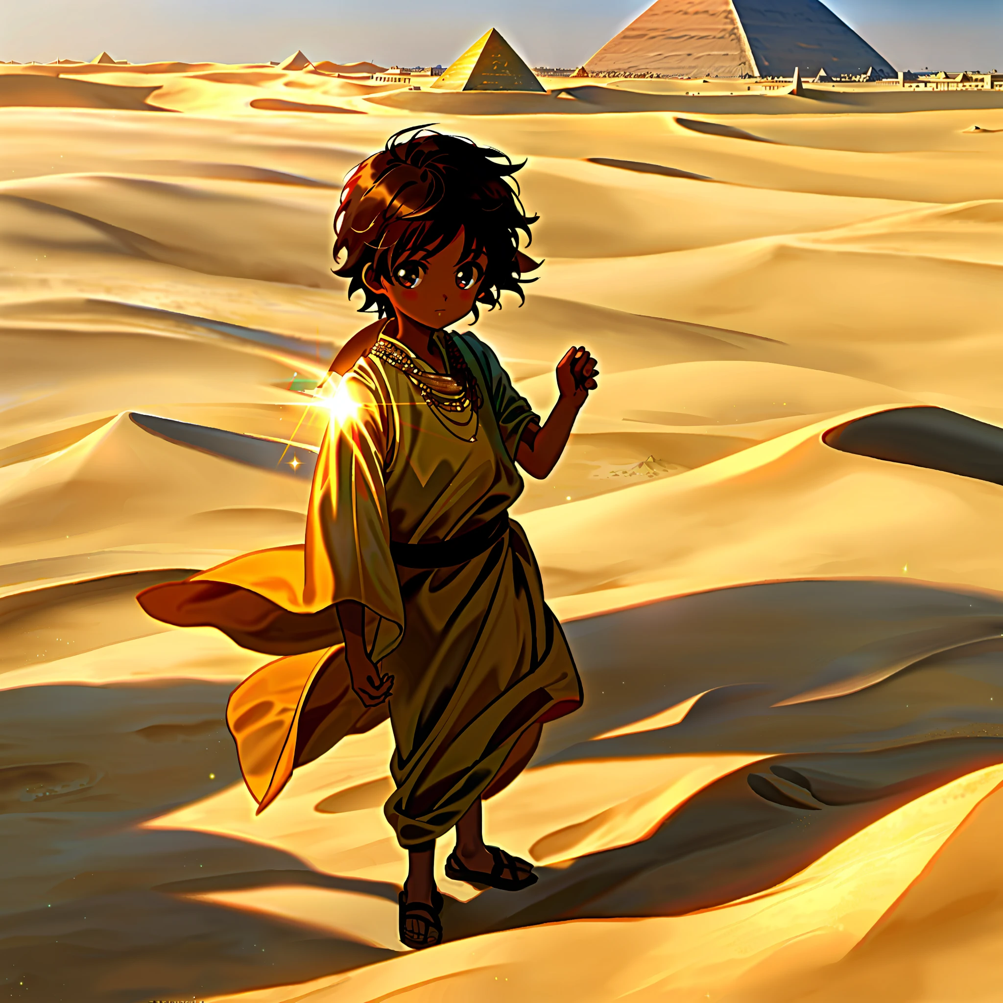 1boy,playing in sand, pyramid background, sun, clear sky, windy, Arabian clothes, brown skin, sparkly eyes, safe for work