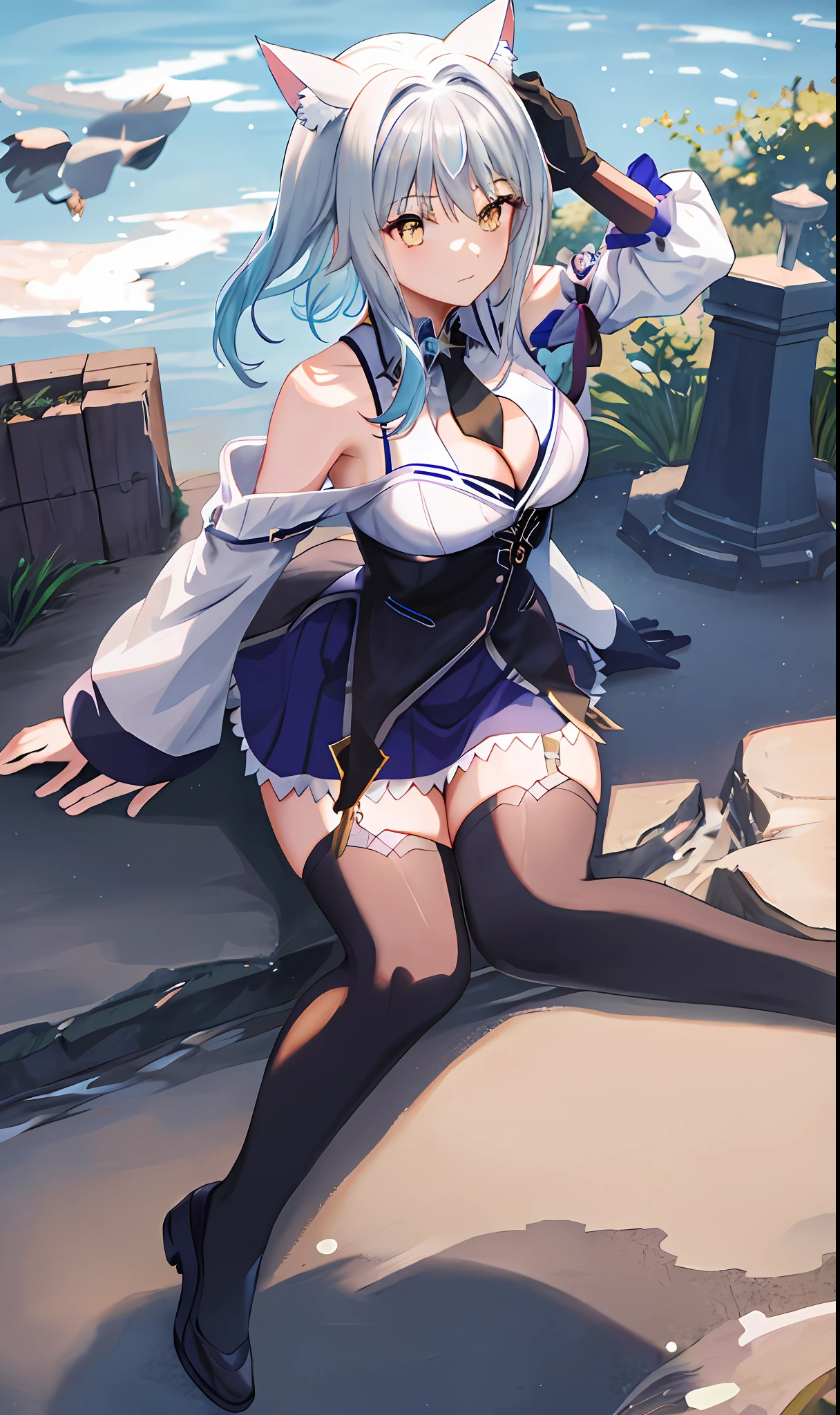 ((masterpiece, best quality)), (1girl),((mature female)), lightblue hair,thighhighs, hairband, thighs, long sleeves, gloves,  bangs, dark golden yellow eyes, medium hair, leotard, hair ornament, black hairband, shoulder cutout, black thighhighs, blue necktie, (large breasts:1.2), (busty),armpits, tying hair,curvy,cleavage,confident, [wide hips],snowing,nature, eula \(genshin impact\), pov, cat ears