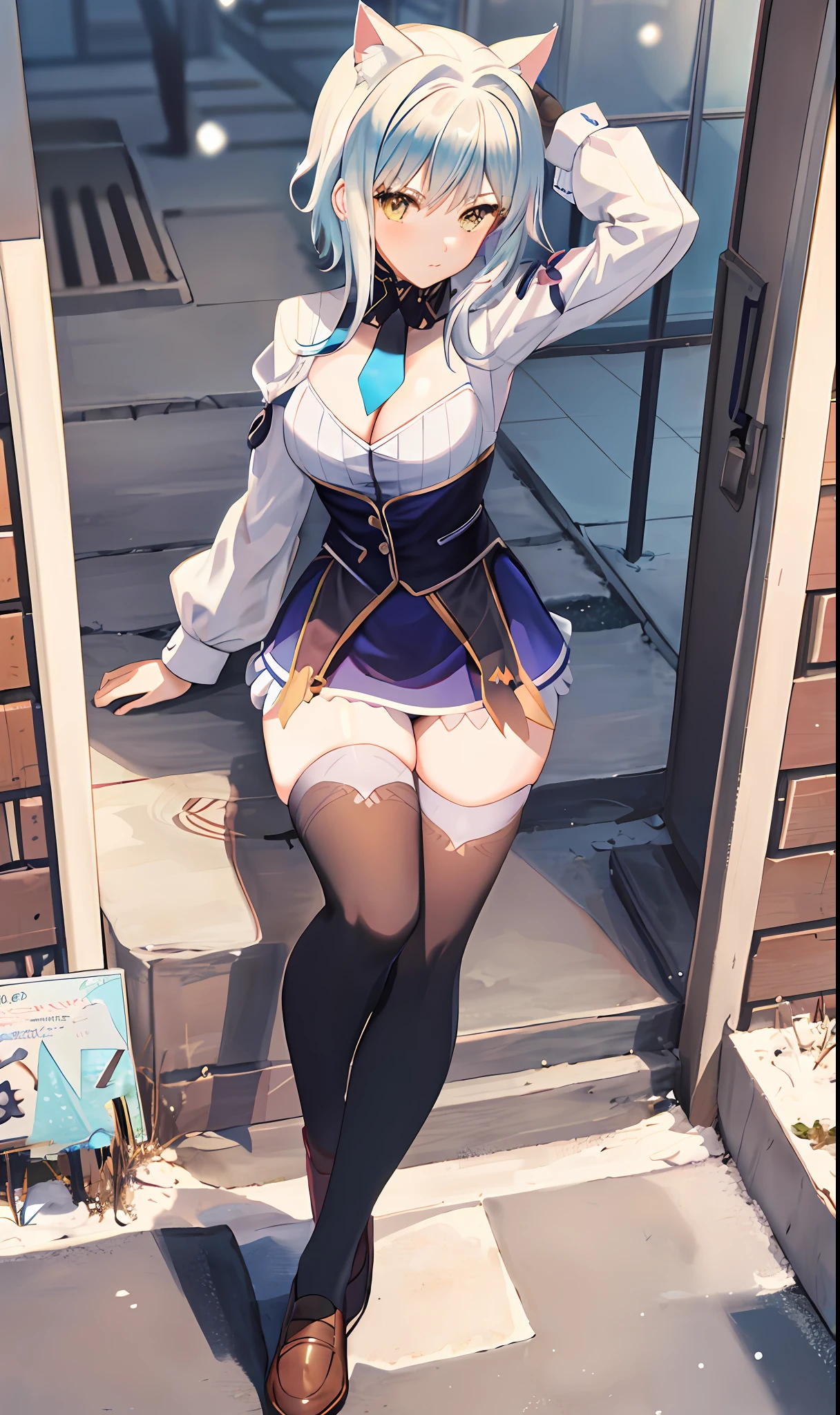 ((masterpiece, best quality)), (1girl),((mature female)), lightblue hair,thighhighs, hairband, thighs, long sleeves, gloves,  bangs, dark golden yellow eyes, medium hair, leotard, hair ornament, black hairband, shoulder cutout, black thighhighs, blue necktie, (large breasts:1.2), (busty),armpits, tying hair,curvy,cleavage,confident, [wide hips],snowing,nature, eula \(genshin impact\), pov, cat ears