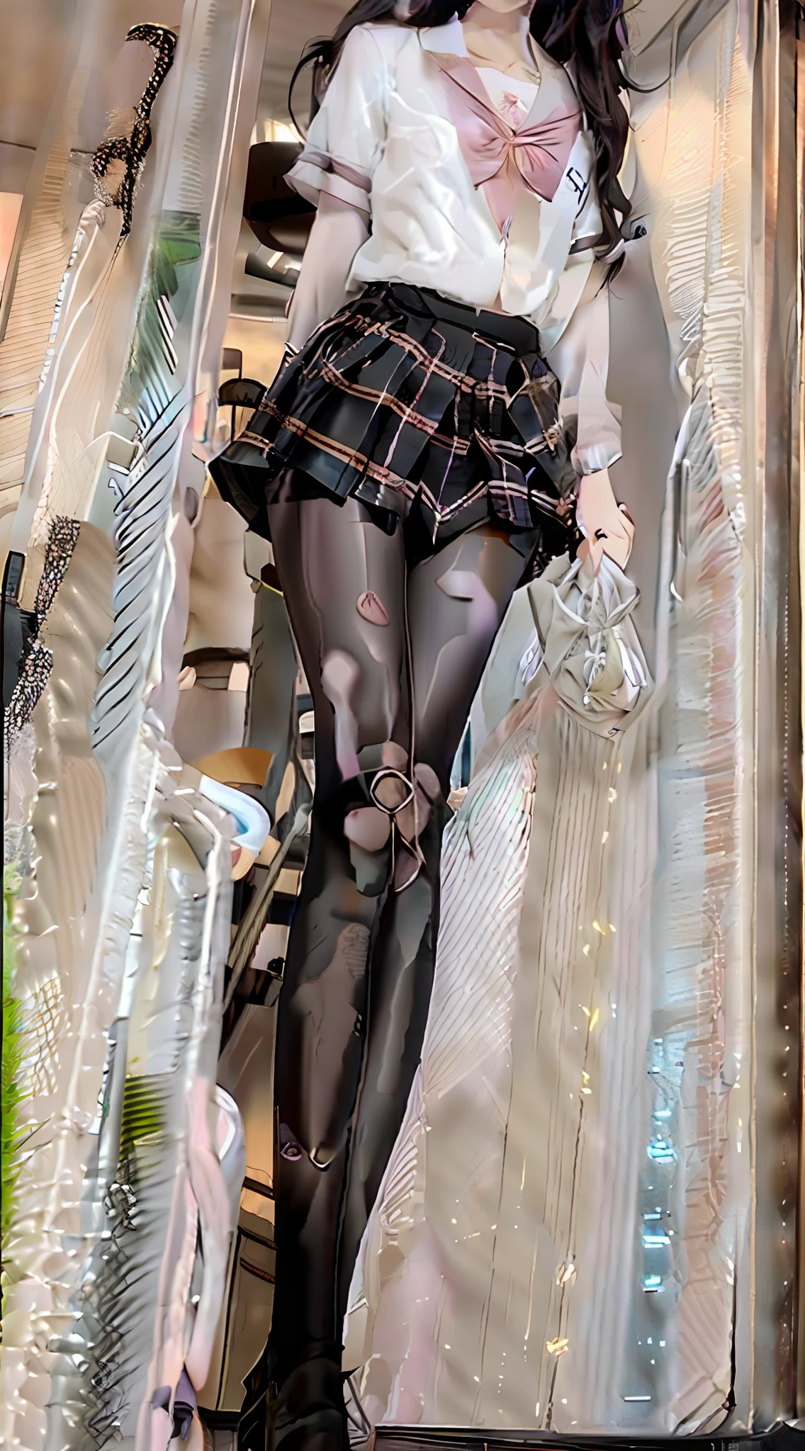 high quality, girl, gray hair, long hair, pink eyes, stockings, pantyhose, thigh straps, mate uniform, wet, wet clothes, transparent clothes, sexy pants, transparent pants, raining, beautiful skin, curvy, light on face, (open legs: 0.6), (NSFW: 0.4), looking at the audience, body towards the audience, full body, beautiful face, beautiful face, good looking face, revealing a beautiful face