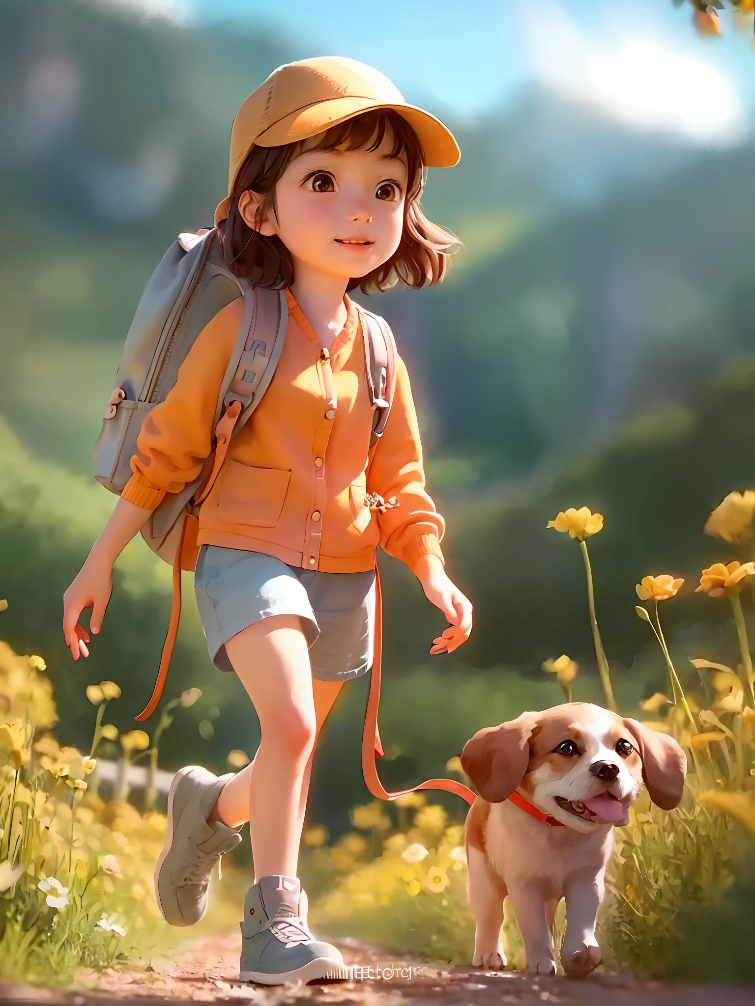 Tip: A very charming  girl with a backpack and her cute puppy enjoying a lovely spring outing surrounded by beautiful yellow flowers and nature. The illustration is a high-definition illustration in 4k resolution, featuring highly detailed facial features and cartoon-style visuals.