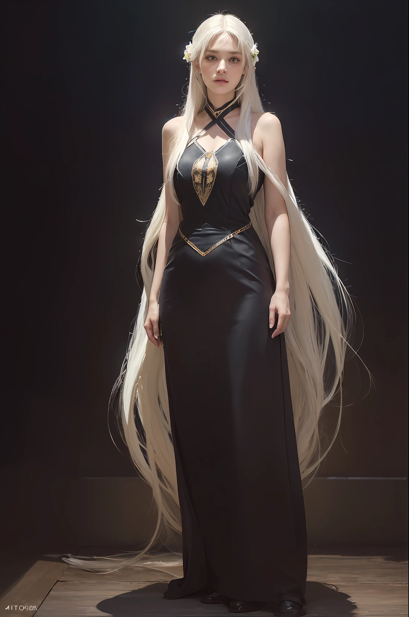 (full body view), (in the dark:1.6), Hyperrealist portrait of female by david hockney and alphonse mucha, fantasy art, photo realistic, dynamic lighting, artstation, poster, volumetric lighting, very detailed faces, 4 k, award winning, 1girl, in the dark, deep shadow, low key, cowboy shot, (official clothing:1.4), long hair, white hair