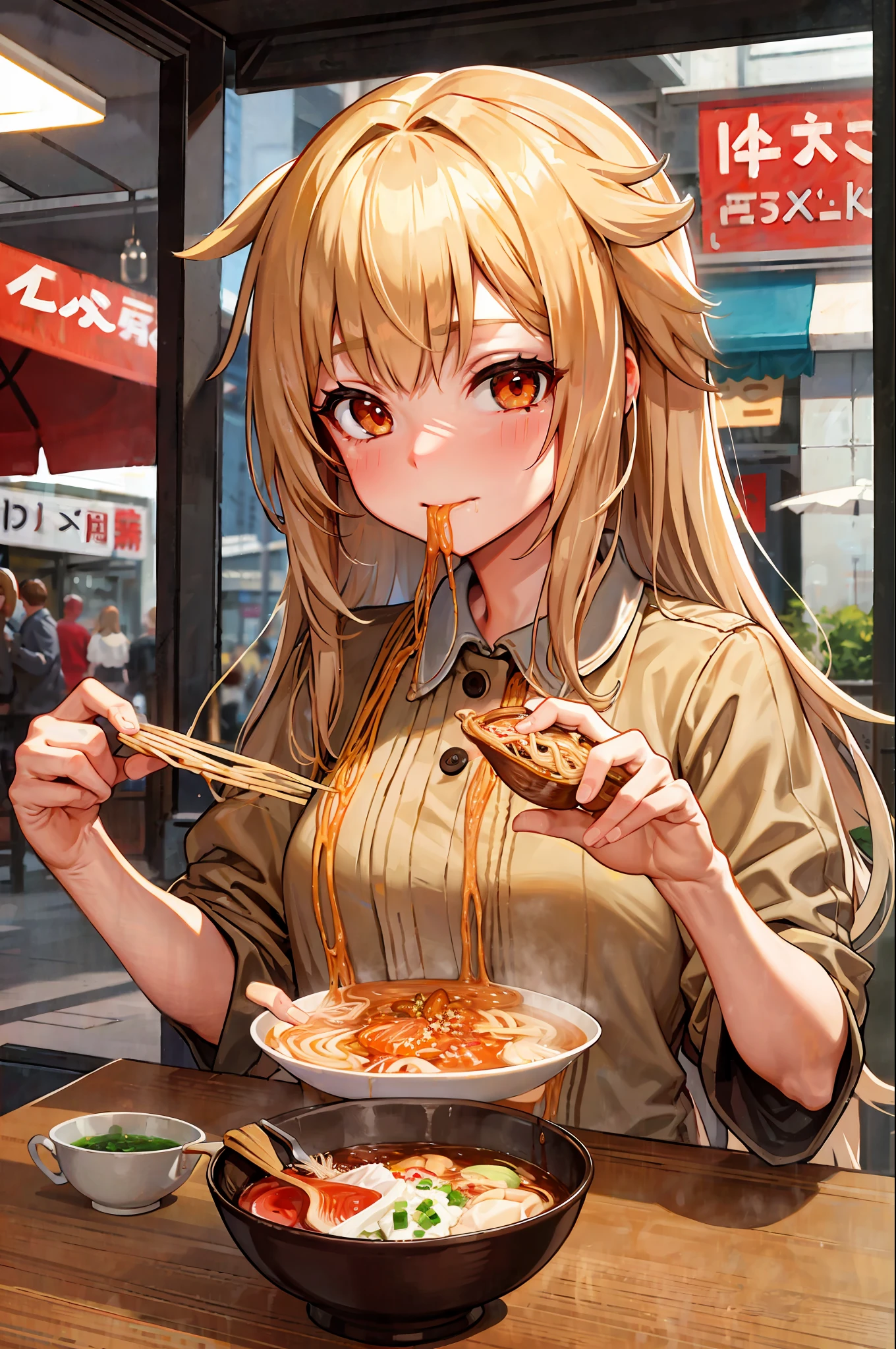 Girl finishes eating ramen and greets you
