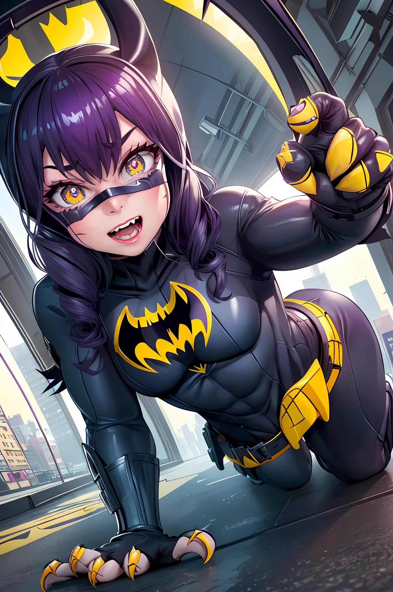 (Pov Wide-Angle 30mm)) ((stronger Batgirl , big eyse dilated pupils , cute , hand Claw , crawls , )) in city