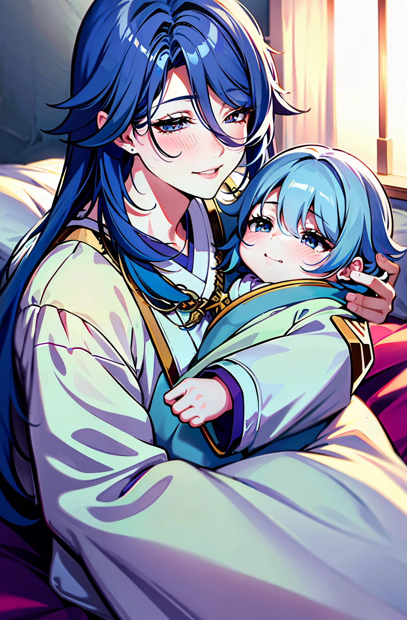 (well detailed background) (best quality), (high quality), (masterpiece), 1girl, 1baby , ayato \(genshin impact\), blue hair, midium hair, (loose hair on one side over shoulder) , mature, eyes squeezed closed, exhausted expression, panting, breathing heavily, sweating, flushed, looking down at the baby, tired smile (a tired mother lying on a futon bed laying on pillows fully covered with white sheets and blankets holding a baby in her arms), wearing simple nightwear, nightgown robe, nightwear, long sleeves, loose sleeves, indoor, japanese bedroom, newborn baby, (baby with green eyes and blue hair), no armor, no accessories