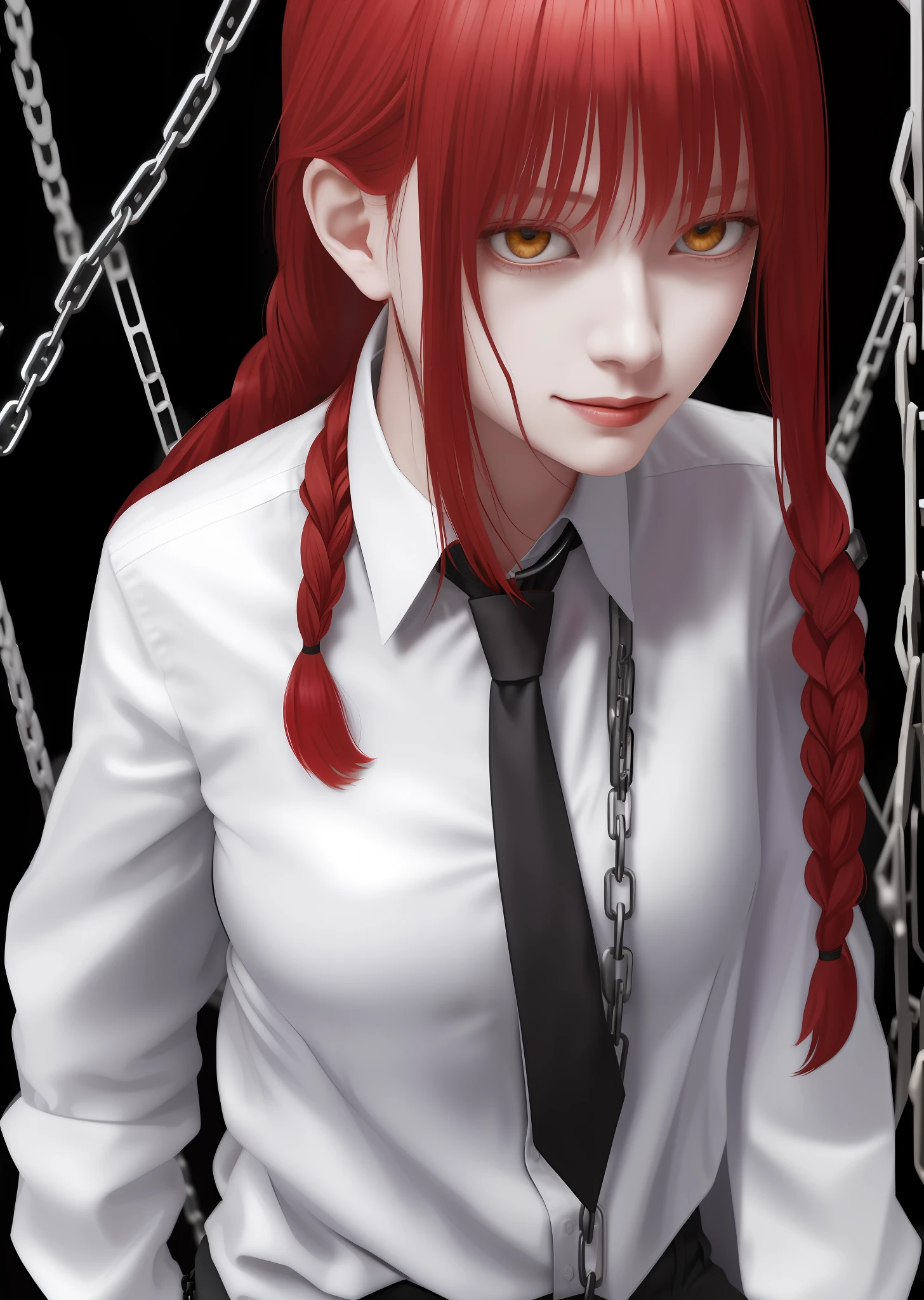 (masterpiece), (best quality),makima \(chainsaw man\), best quality, ultra detailed, 1girl, solo, standing, red hair, long braided hair, golden eyes, sexy, tied up \(nonsexual\), bangs, medium breasts, white shirt, necktie, stare, smile, (evil:1.2), looking at viewer, (interview:1.3), (dark background, chains:1.3)