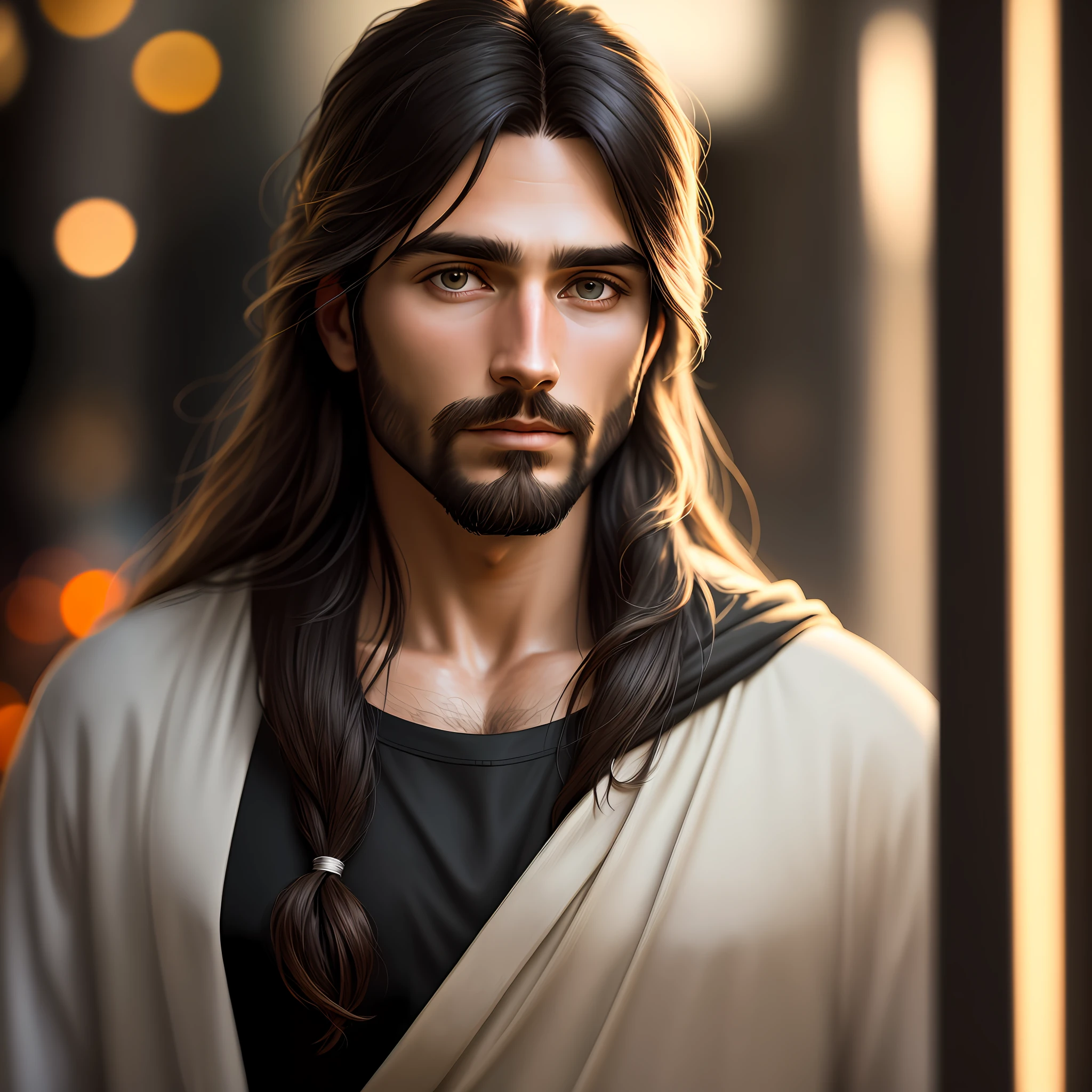 portrait of modern day Jesus, cinematic lighting, depth of field, bokeh, realism, photorealistic, hyperrealism, professional photography, uhd, dslr, hdr