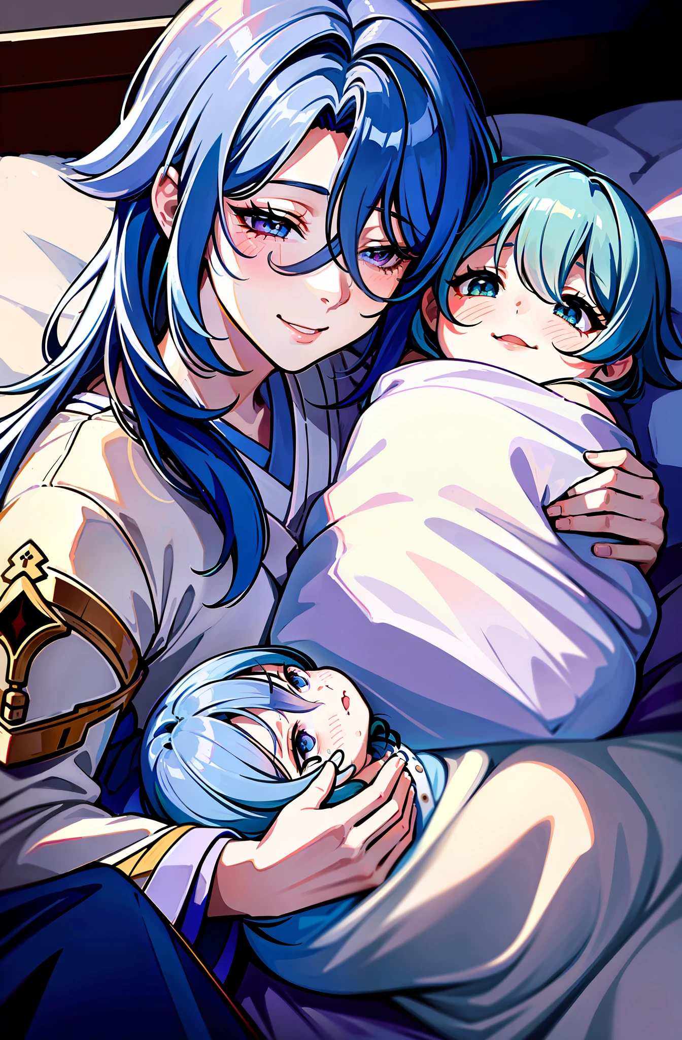 (well detailed background) (best quality), (high quality), (masterpiece), 1girl, 1baby , ayato \(genshin impact\), blue hair, midium hair, (loose hair on one side over shoulder) , mature, eyes squeezed closed, exhausted expression, panting, breathing heavily, sweating, flushed, looking down at the baby, tired smile (a tired mother lying on a futon bed laying on pillows fully covered with white sheets and blankets holding a baby in her arms), wearing simple nightwear, nightgown robe, nightwear, long sleeves, loose sleeves, indoor, japanese bedroom, newborn baby, (baby with green eyes and blue hair), no armor, no accessories