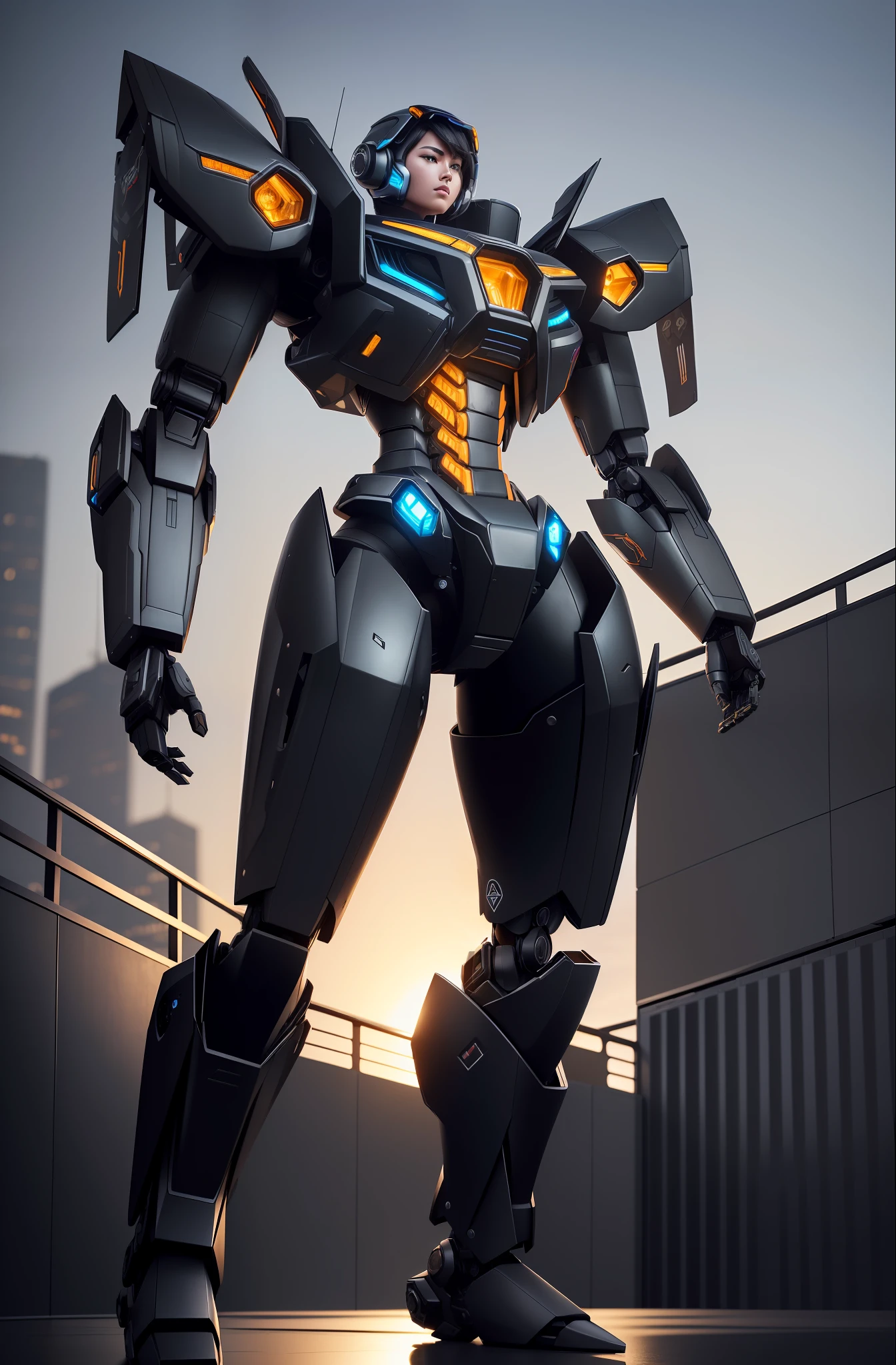 ((best quality)), ((masterpiece:1.2)), (extremely detailed:1.1), (8k, high quality, cinematic, hyper realistic, illustration, letterbox), (autodesk maya, vray render, ray tracing, hdr), (16mm focal length, f/4 aperture, dynamic perspective, deep depth of field), (3D model, full body, (giant female stylized mecha with large glass cockpit and beautiful female inside), standing solo, dynamic pose, brutal robotic armor, stickers, stylized paint scheme, leds, japanese tech, samurai, cyberpunk rooftop background at night), (nighttime), (hdri:0.35, bloom:0.25, rim lighting, soft lighting, low key), dark theme:0.66, futobot confident,