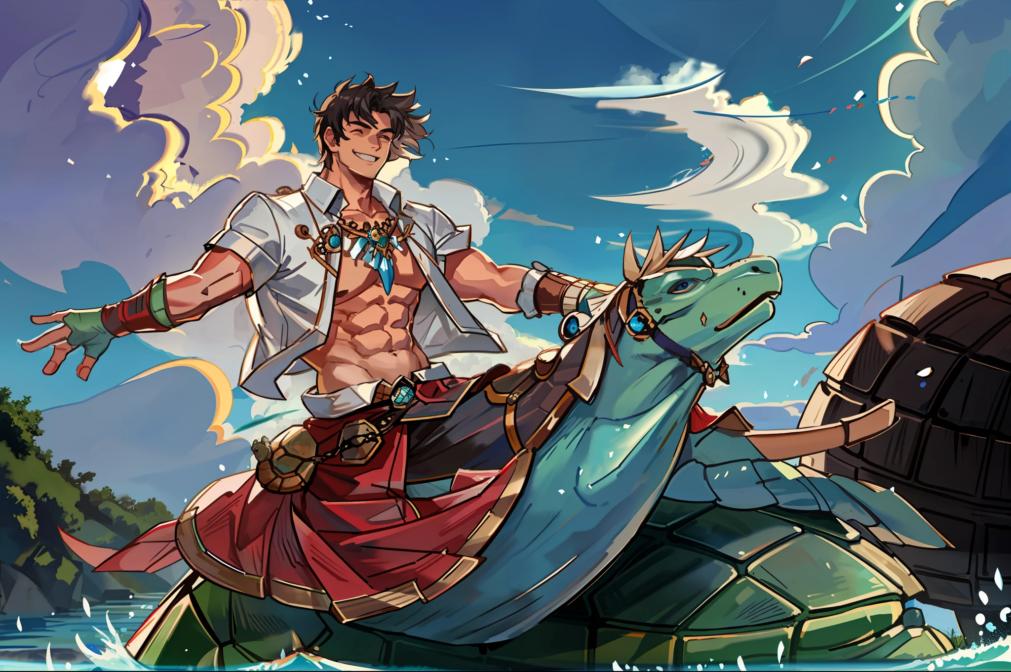 Man riding a giant turtle, water, splash, blue sky, clouds, happiness, laughter, tortoise smiling, chest hair, shirtless