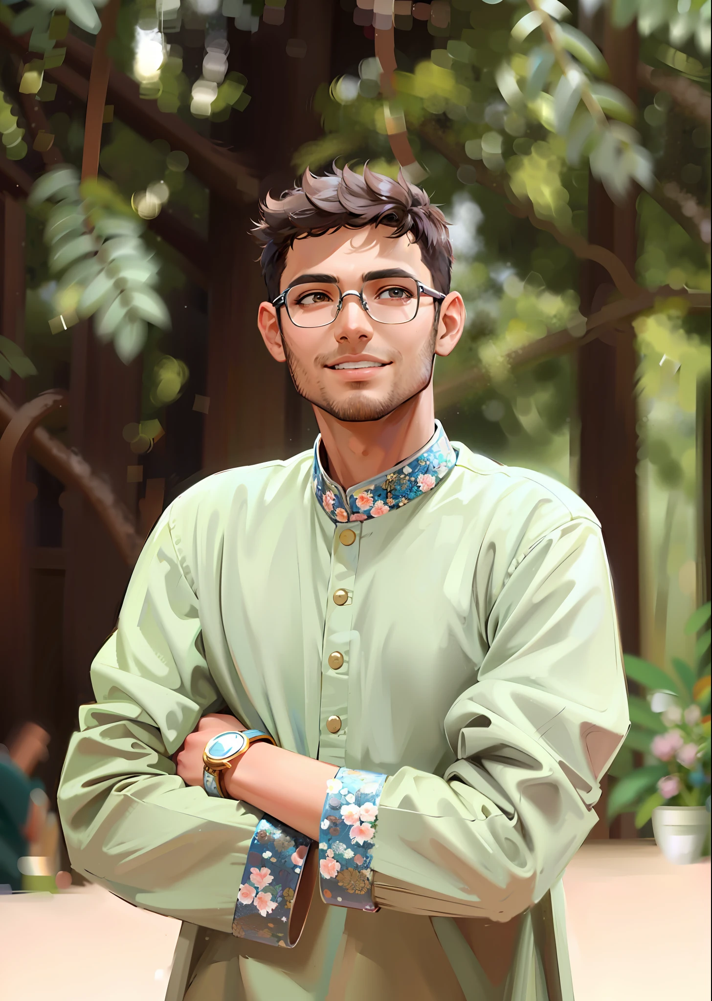 (masterpiece),(best quality:1.0), (ultra highres:1.0), detailed illustration, 8k, 1boy, anime boy, wearing punjabi, smiling, glassses, detailed face, perfect face, anime eyes, detailed eyes, dark brown eyes, detailed hair, highlights in hair, sunny, day time, highly detailed, anime style, vibrant