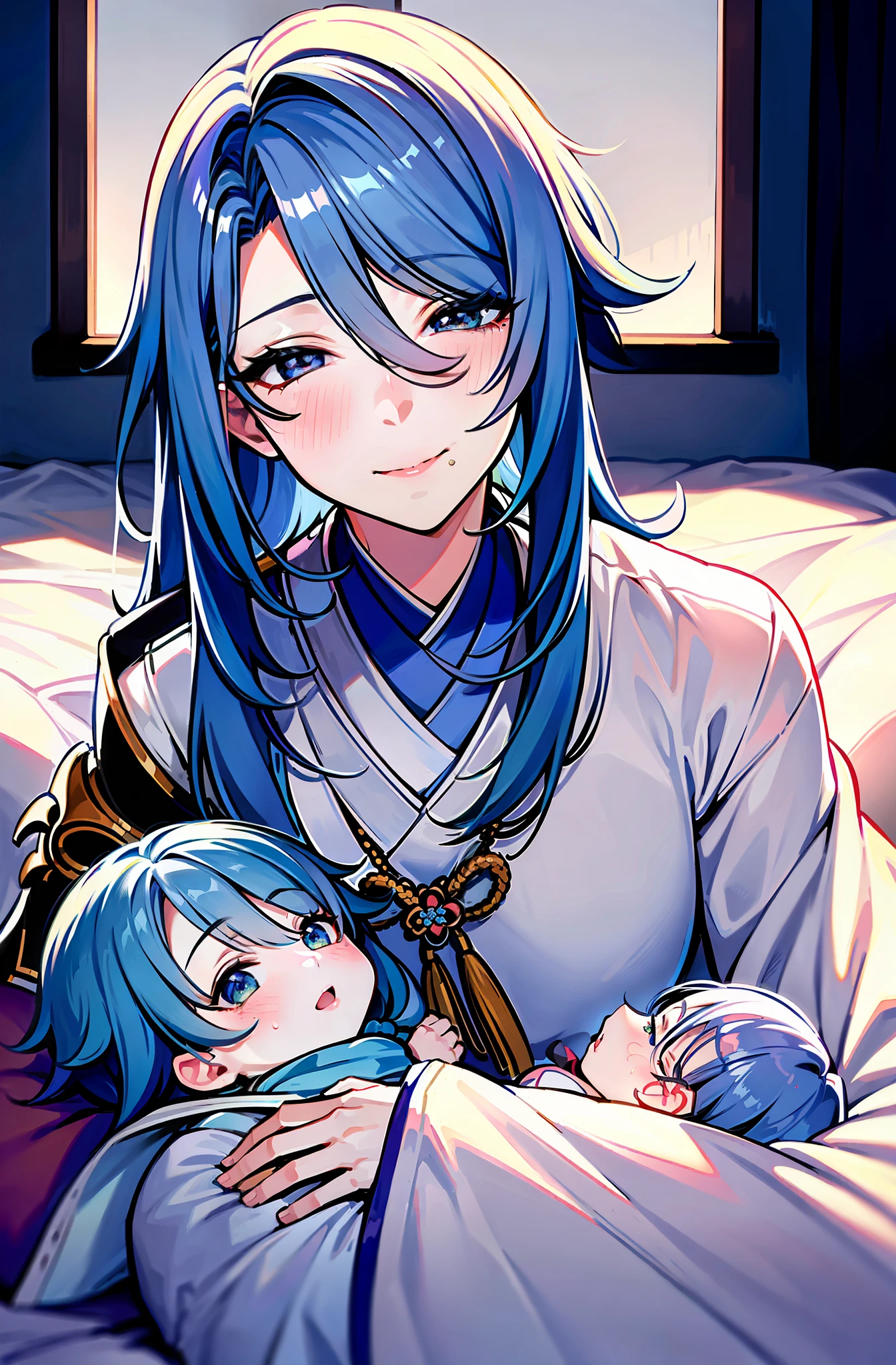(well detailed background) (best quality), (high quality), (masterpiece), 1girl, 1baby , ayato \(genshin impact\), blue hair, midium hair, (loose hair on one side over shoulder) , mature, eyes squeezed closed, exhausted expression, panting, breathing heavily, sweating, flushed, looking down at the baby, tired smile (a tired mother lying on a futon bed laying on pillows fully covered with white sheets and blankets holding a baby in her arms), wearing simple nightwear, nightgown robe, nightwear, long sleeves, loose sleeves, indoor, japanese bedroom, newborn baby, (baby with green eyes and blue hair), no armor, no accessories