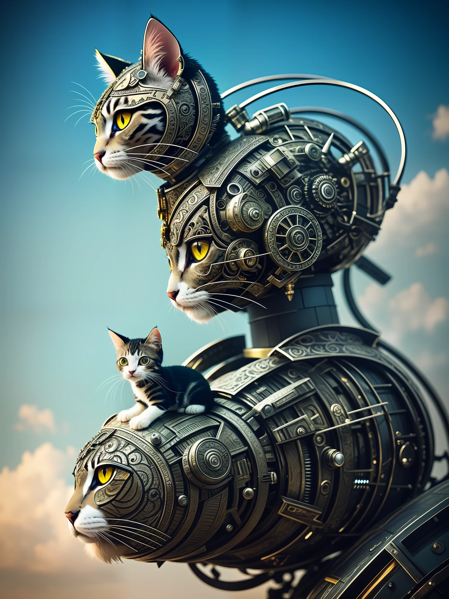 A kitten on top of a cute big fish made of metal, (cyborg:1.1), ([tail |  Metal Pieces]:1.3), (Intricate Details), HDR, (Intricate Details, Hyperdetail:1.2), Cinematic Shots, Center, (Head Turned), Small Ears, (Headset), Cute,