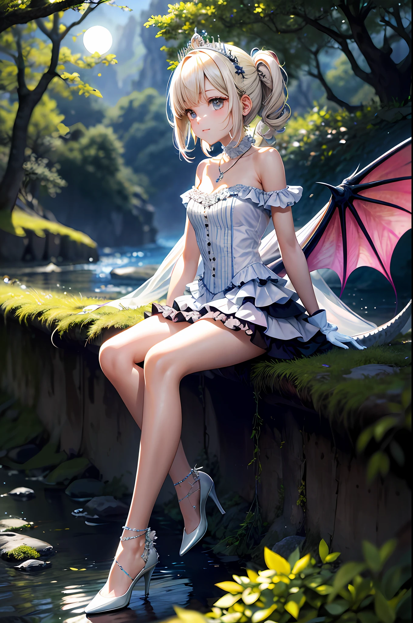 (masterpiece, best quality: 1.2), 1girl, solo, cute, kawaii, digital art, magic circle, platinum blonde, delicate eyes, awkward expression, sweat, frill dress, pink color scheme, high heels, white gloves, heart necklace, crown, magic wand, dragon, forest, flame breath, wings, scales, sharp claws, pointed tail, trees, moss, transparent moonlight, fallen leaves, shrubs, rocks, rivers, bridges Night clouds, starry sky, wind, rustling leaves,