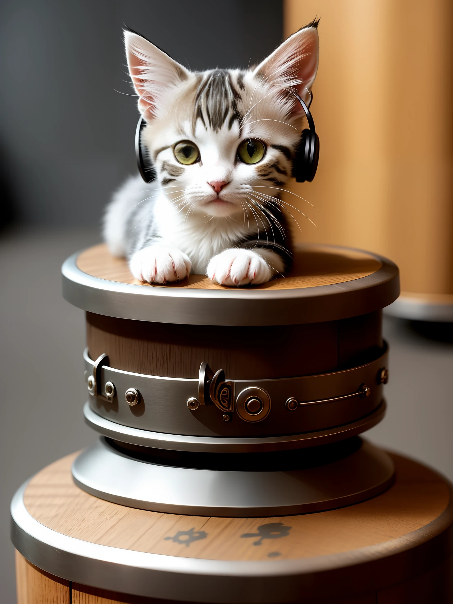 A kitten on a cute metal oak barrel, (Cyborg:1.1), ([Tail |  Metal Pieces]:1.3), (Intricate Details), HDR, (Intricate Details, Hyperdetail:1.2), Cinematic Shots, Center, (Head Turned), Small Ears, (Headset), Cute,