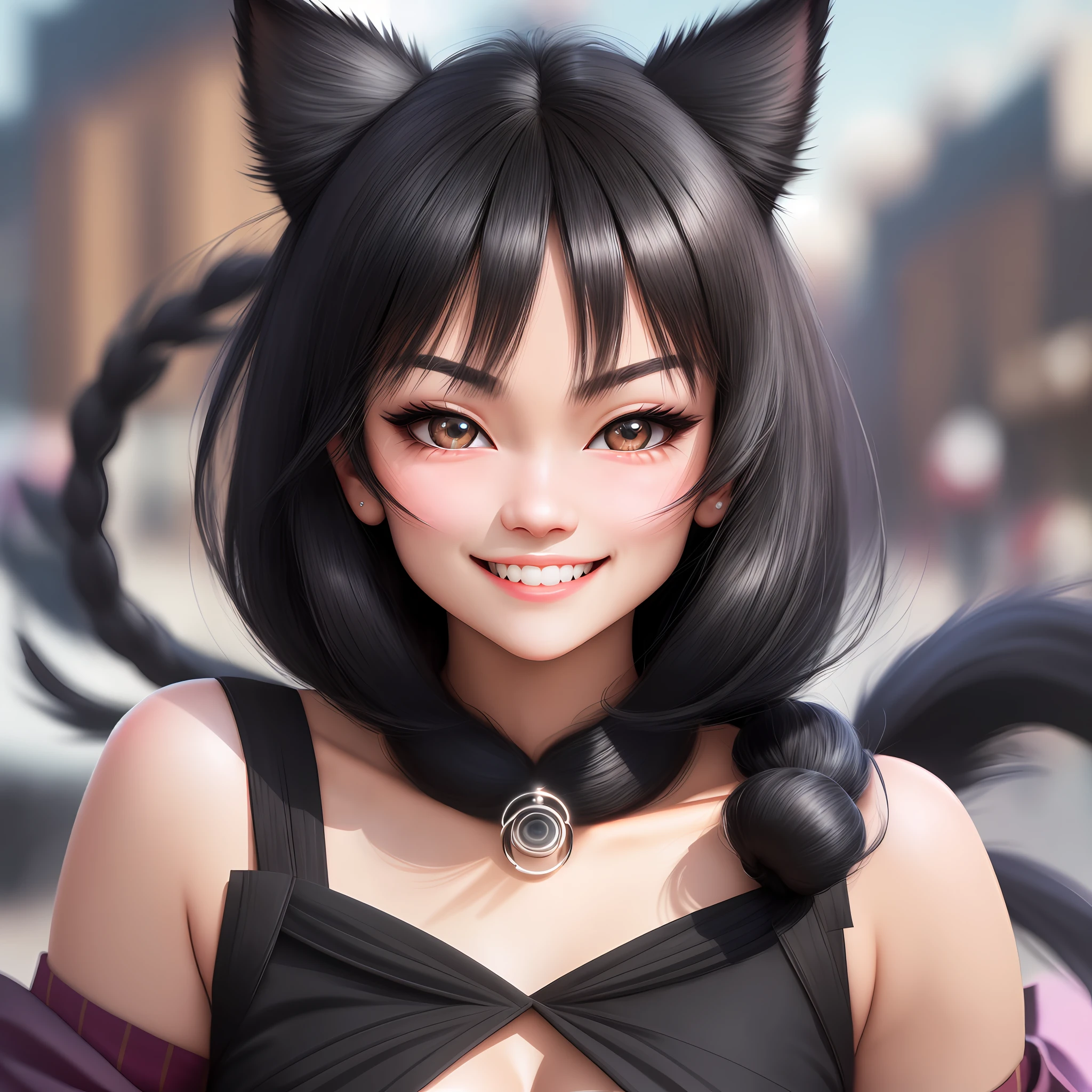 black hair, hair bobbles, wince, longeyelashes, solid circle eyes, fake animal ears, light smile, ear blush, fang, Surrealism, drop shadow, anaglyph, stereogram, tachi-e, pov, atmospheric perspective, 8k, super detail, ccurate, best quality