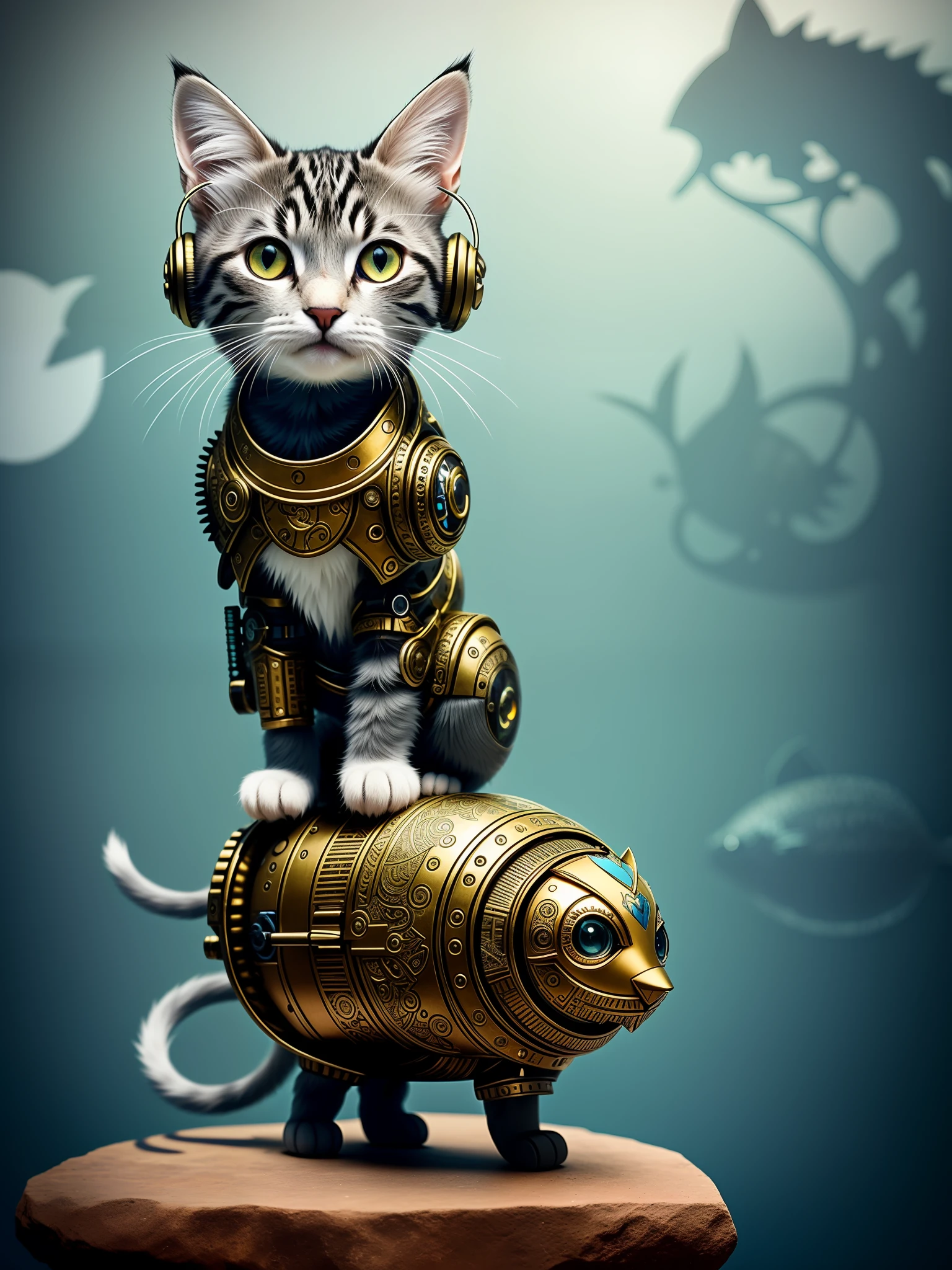 A kitten on top of a cute big fish made of metal, (cyborg:1.1), ([tail |  Metal Pieces]:1.3), (Intricate Details), HDR, (Intricate Details, Hyperdetail:1.2), Cinematic Shots, Center, (Head Turned), Small Ears, (Headset), Cute,