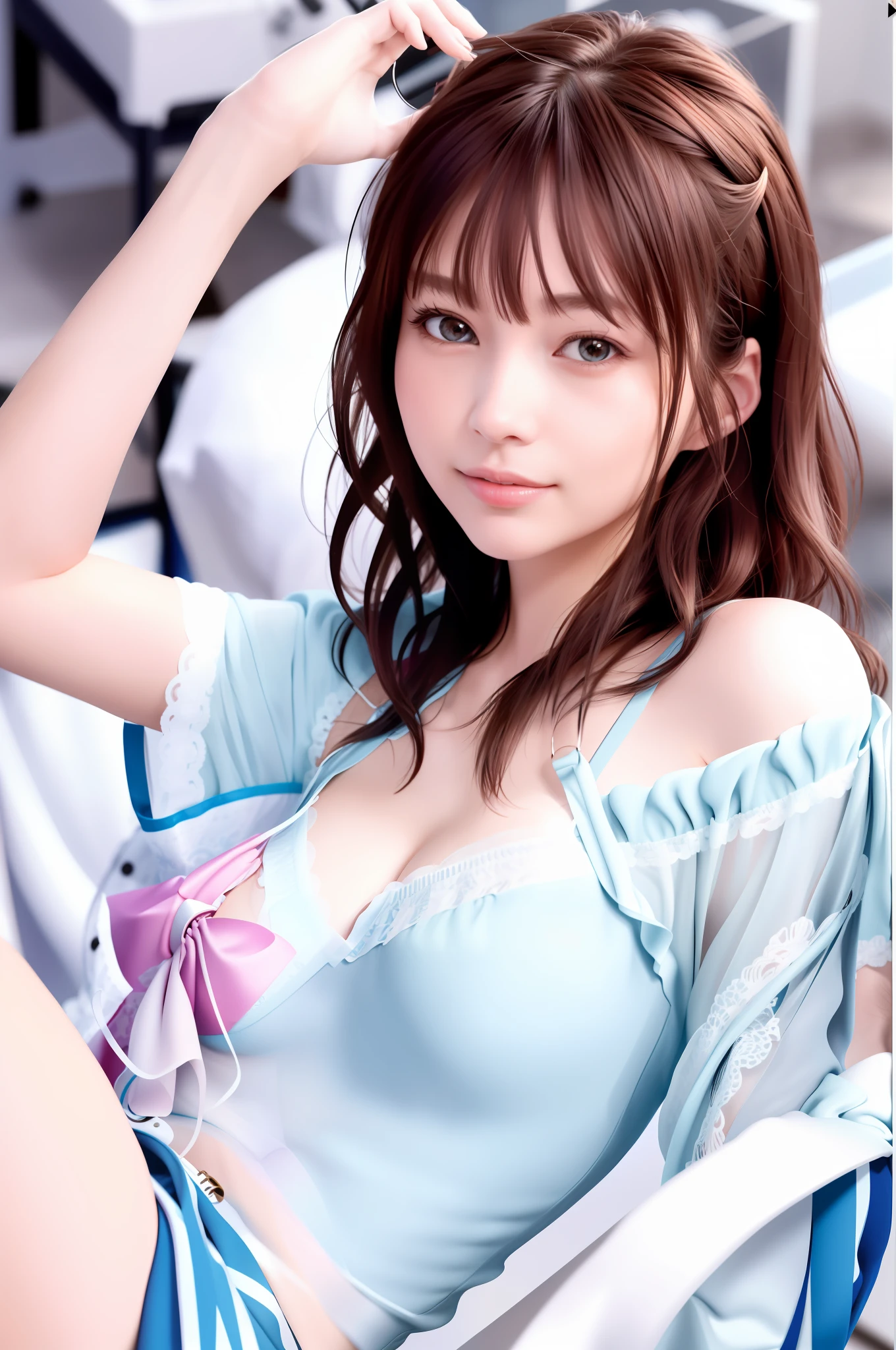 ((Night, Realistic Light, Best Quality, 8K, Masterpiece: 1.3)), Slender Beauty: 1.4, Prominent Abs: 1.1, (Brown Hair, Big Breasts: 1.3), Wet Silk Dress: 1.2, Bathroom, Super Thin Face, Full Eye Detail, Double Eyelids). {{masterpiece}}, {{{best quality}}},{{ultra-detailed}}, {{illustration}},{{disheveled hair}},{{masterpiece}},{{{best quality}}},{{ultra-detailed}}, {{{illustration}}}, beautiful scene, clear facial features, Hyper Real, octane render, UE5, high detail, hyper quality, high resolution, trend in artstation, hyperrealism, surrealism, HD, 16K, telephoto lens, medium close up, split lighting,