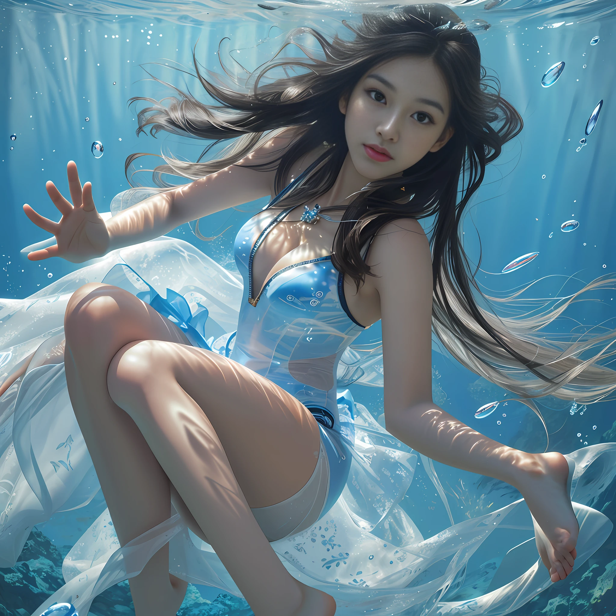 (Best Quality, Masterpiece: 1.4), (Realism: 1.2), (Realism: 1.2), (Absurdity: 1.2), 4K, Detailed, Ultra Detailed, Digital Art, Detailed Face, (Ultra Detailed Eyes: 1.2), Underwater, Beauty, One-piece Swimsuit, Bareback, High Split End, Long Legs, Big White Legs, Long Black Hair