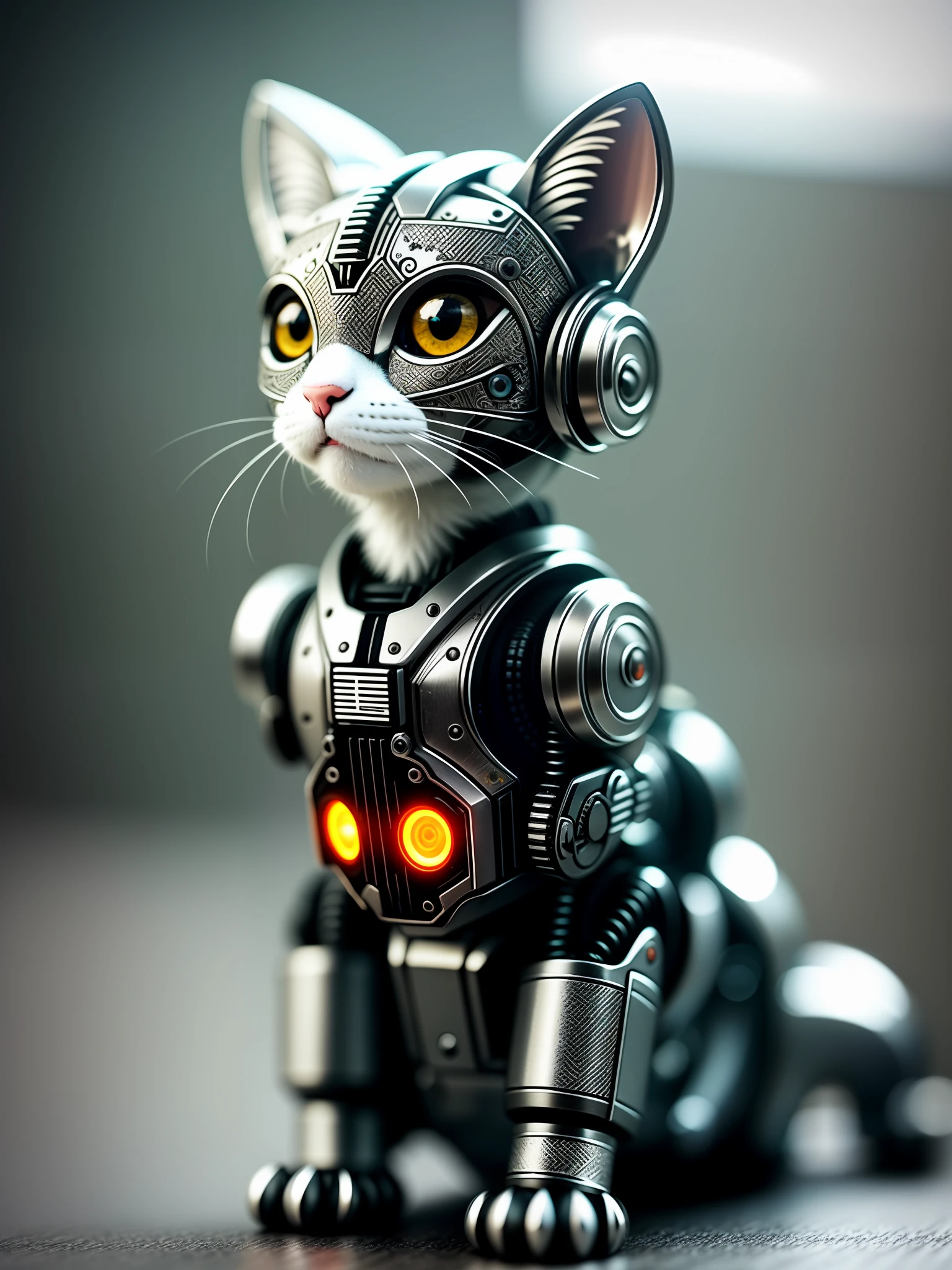 A cute kitten made of metal, (cyborg:1.1), ([tail |  Metal Pieces]:1.3), (Intricate Details), HDR, (Intricate Details, Hyperdetail:1.2), Cinematic Shots, Center, (Head Turned), Small Ears, (Headset), Cute,