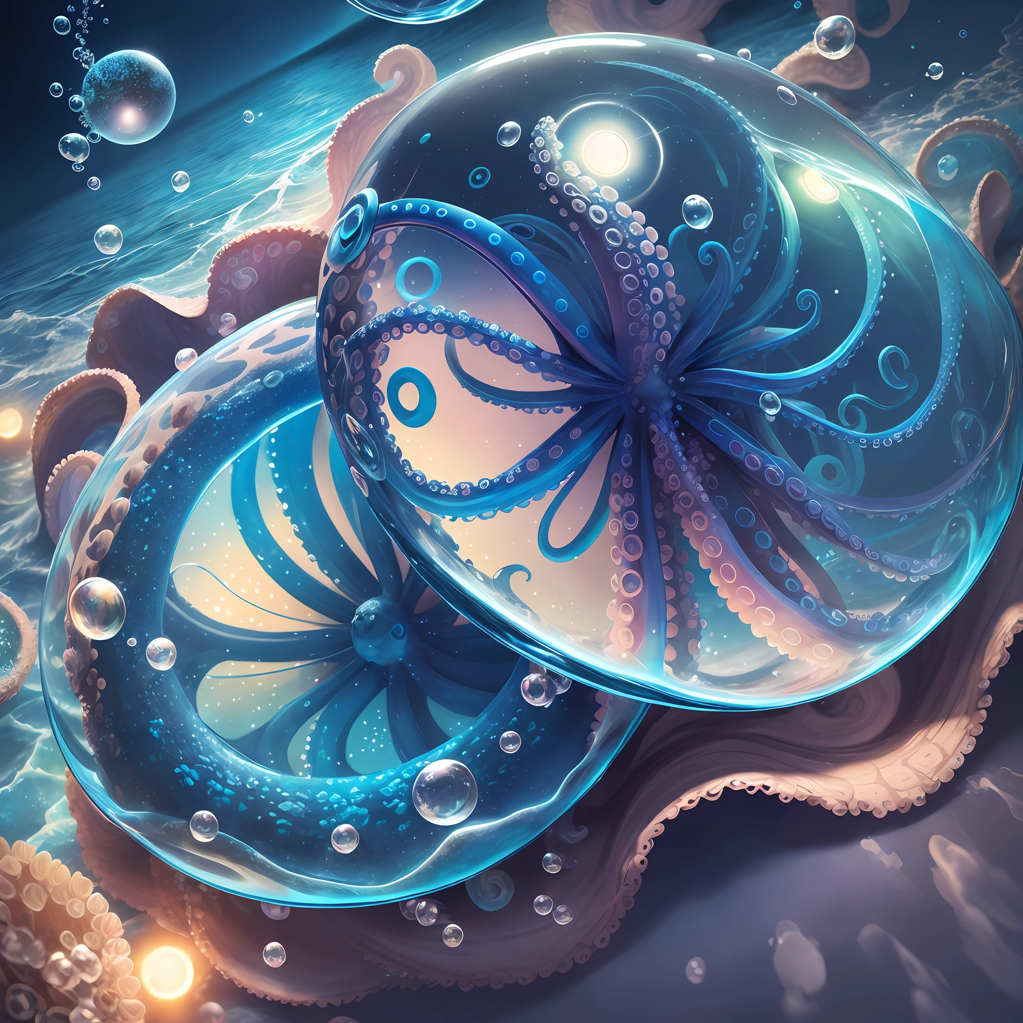 there is a blue octopus sitting on a shell with bubbles, beautiful digital artwork, octopus wrestling with a sphere, digital painting | intricate, detailed fantasy digital art, a beautiful artwork illustration, ultra detailed digital art, 4k highly detailed digital art, highly detailed digital painting, splash art, gorgeous digital art, intricate digital painting, background artwork, ultra-detailed digital art
