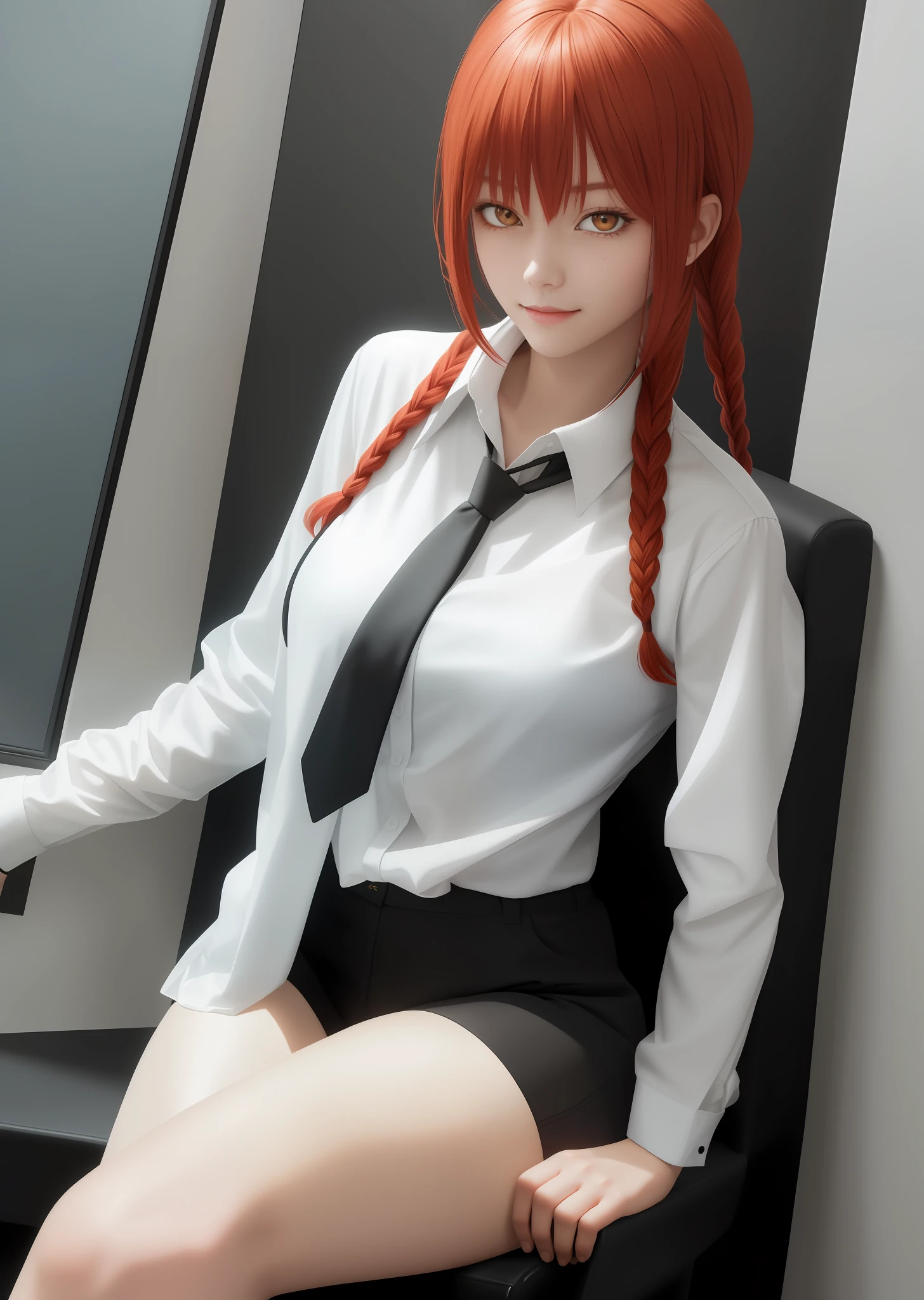 (masterpiece), (best quality),makima \(chainsaw man\), best quality, ultra detailed, 1girl, solo, standing, red hair, long braided hair, golden eyes, sexy, tied \(non-sexual\), bangs, large breasts, white shirt between open, loose tie on the plunging shirt fixed gaze, smile, (bad:1.2), looking at the viewer, (interview:1.3), (dark background, sitting in the office)