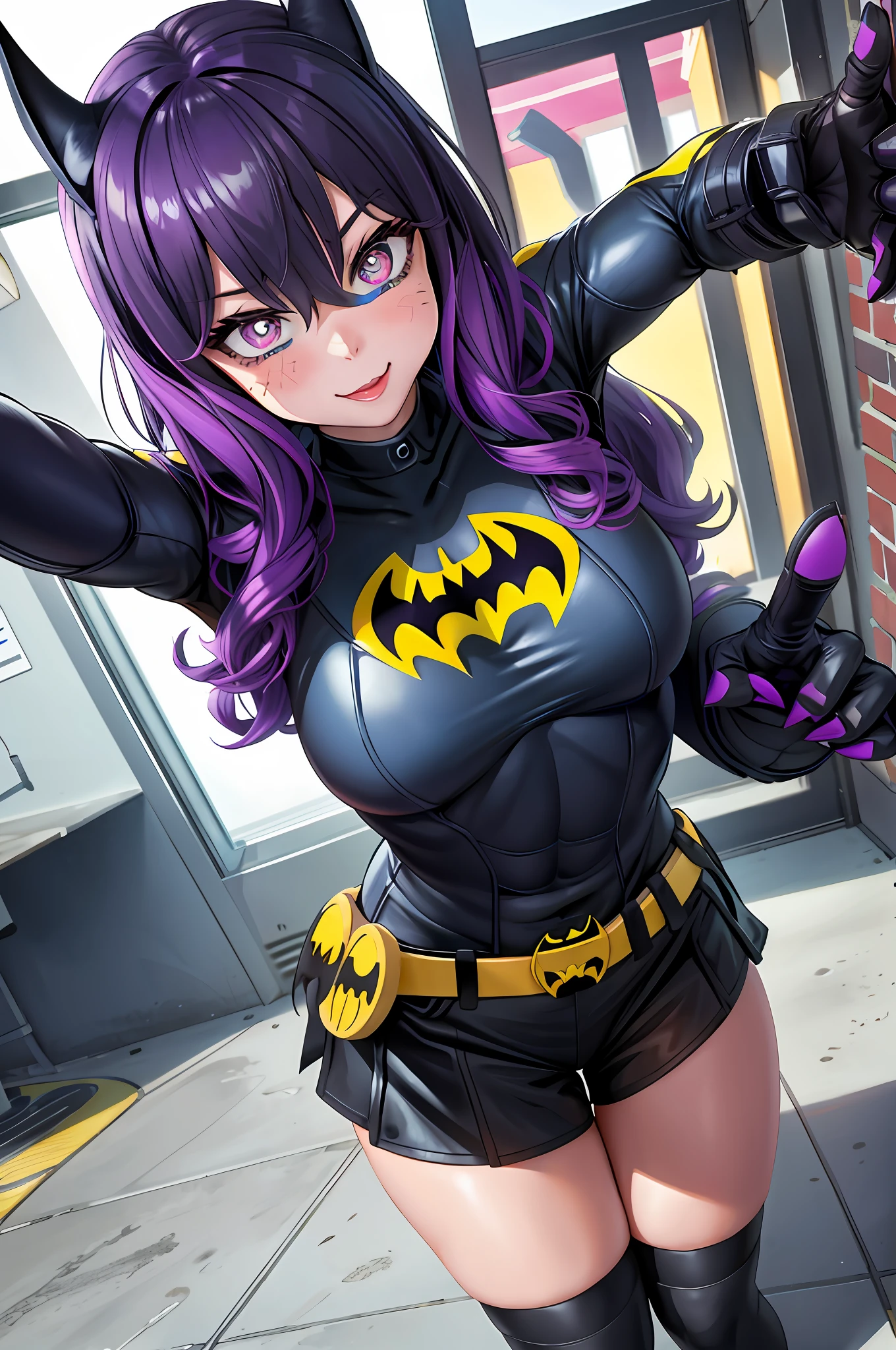 "[(POV Wide-Angle 30mm):1.3] [(Stronger Batgirl):1.2], ([Big Dilated Pupils]:1.3), [Cute], [Hand Claw], [Crawls], [City Scene]."