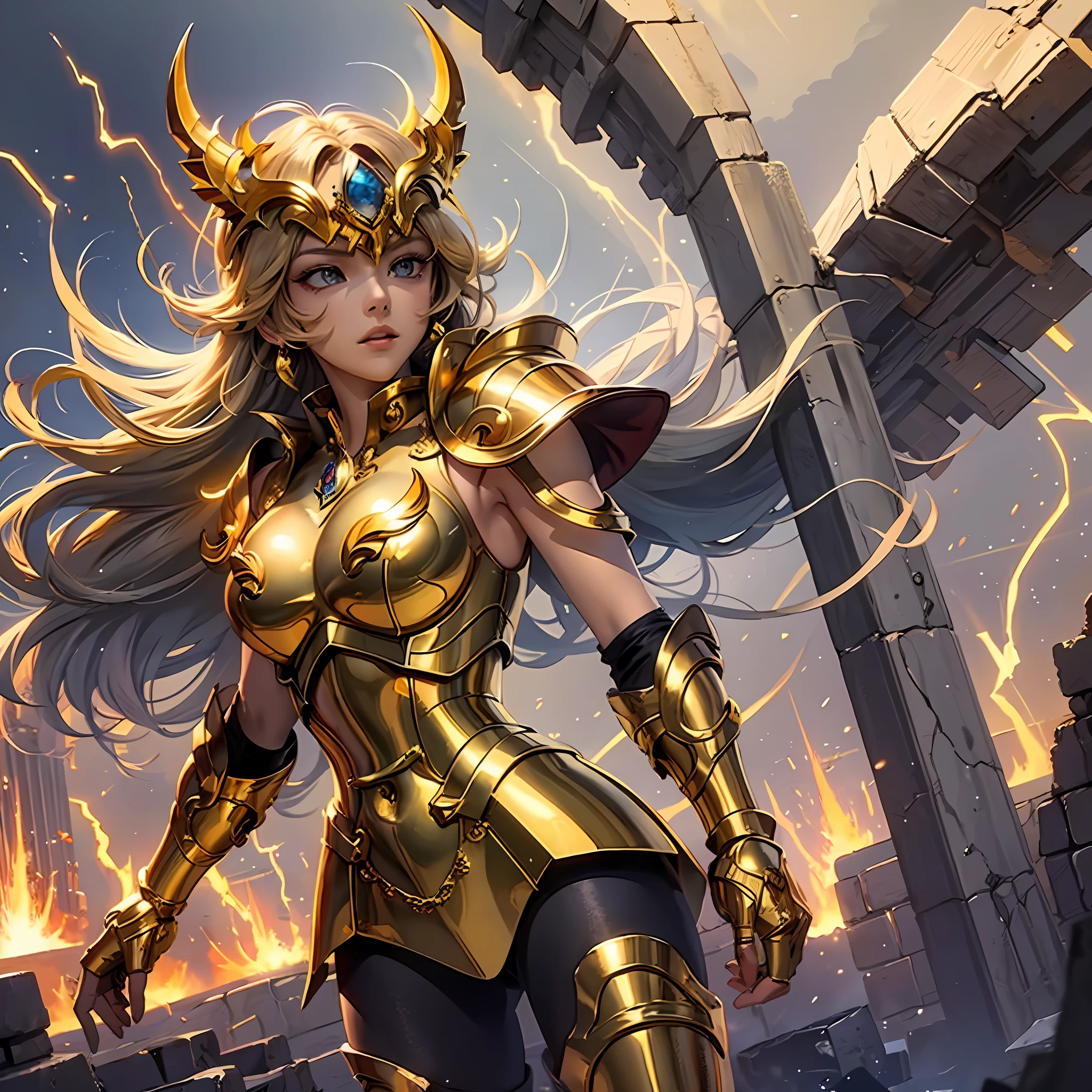 (masterpiece), (best quality), (1girl), girl in golden armor, cool pose, battle field background, fire background, saint seiya armor, messy hair