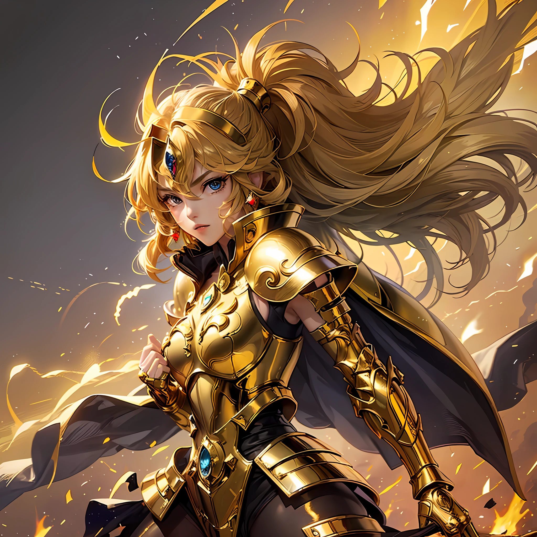 (masterpiece), (best quality), (1girl), girl in golden armor, cool pose, battle field background, fire background, saint seiya armor, messy hair