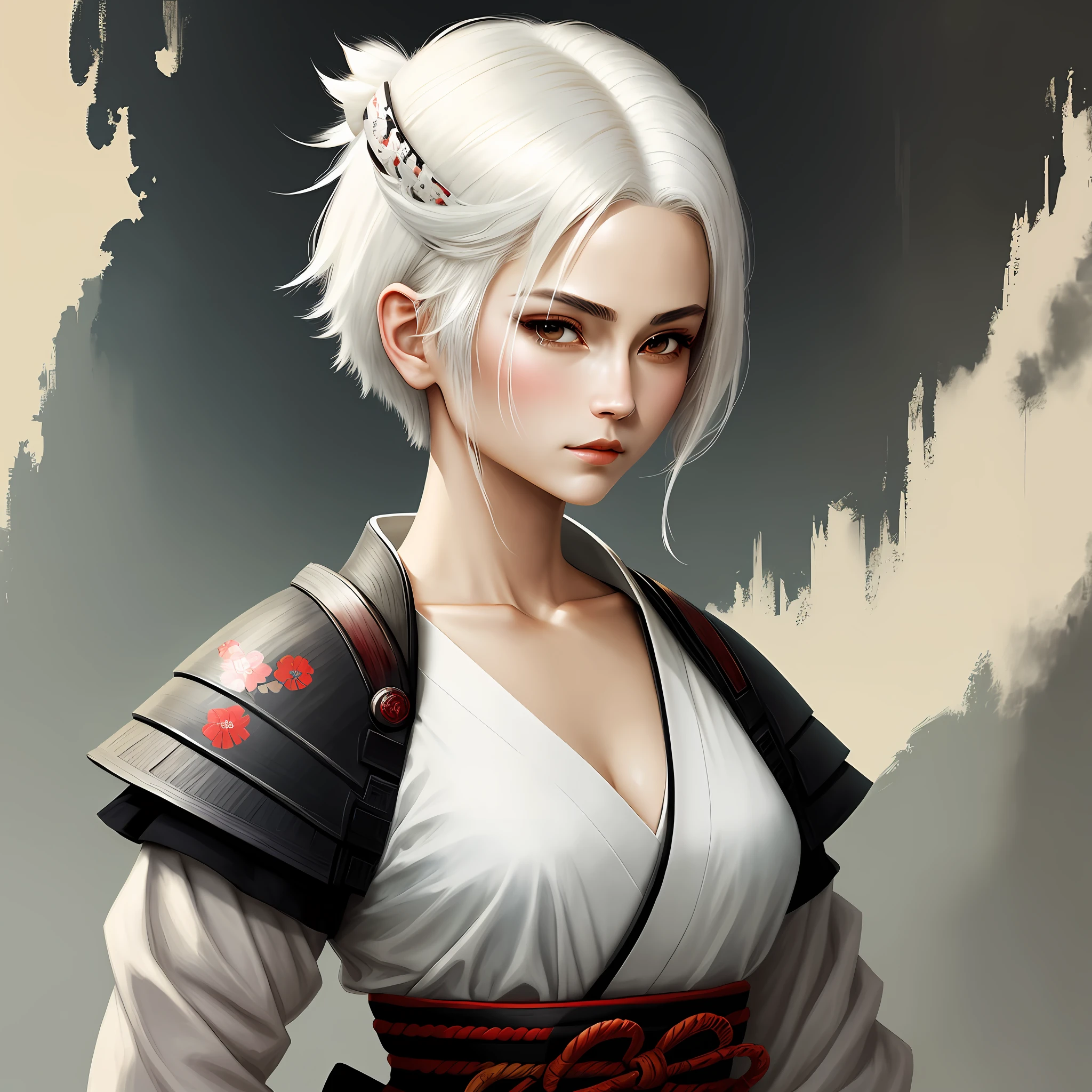 masterpiece, best quality, 1 Female, adult, short white hair, Samurai ,Symbolism,Art, Beautiful , Beautiful , Peace