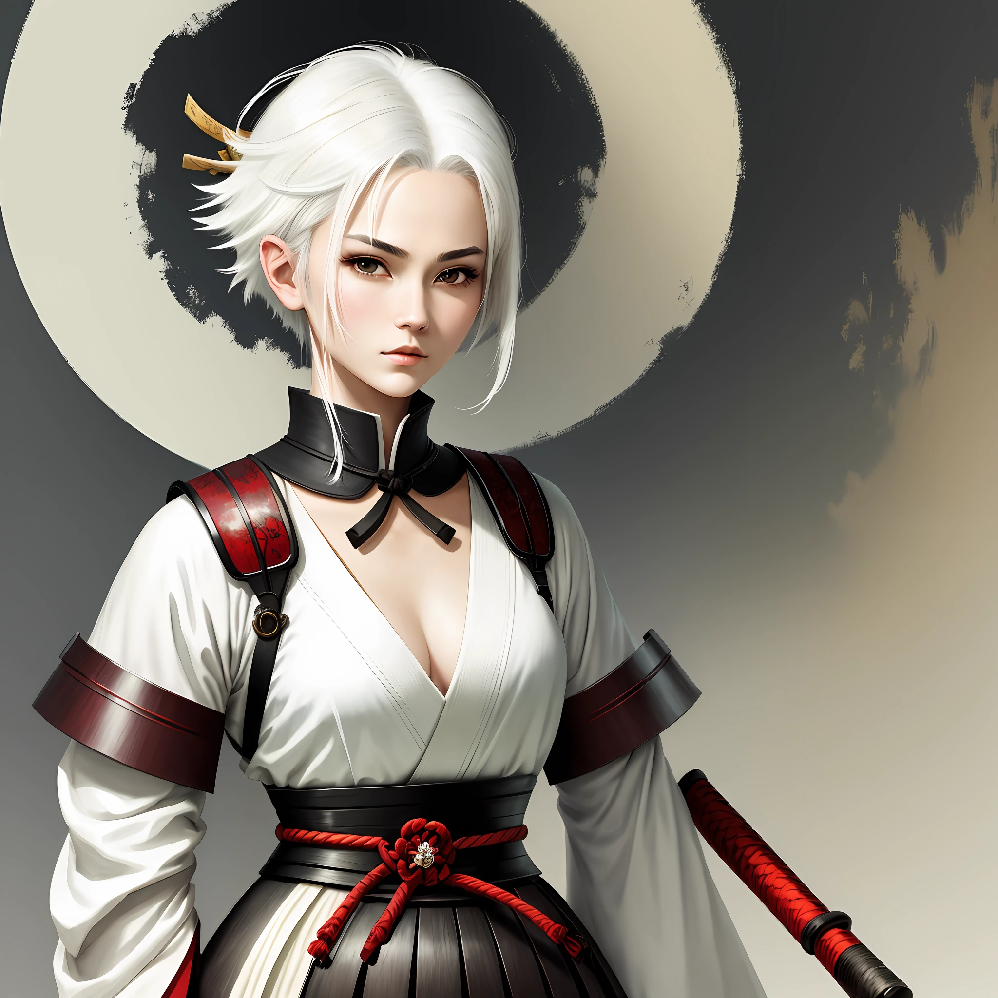 masterpiece, best quality, 1 Female, adult, short white hair, Samurai ,Symbolism,Art, Beautiful , Beautiful , Peace