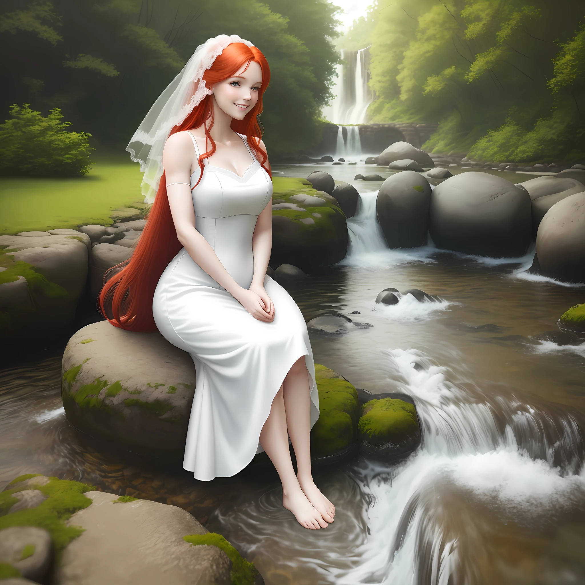 Beutiful red head girl sitting on the stone, girl is with wedding dress and playing the water with her legs,the river is next to her,realistic, 8k graphic, 8k resolution((pretty smile,tight,tall,long hair,white skin))
