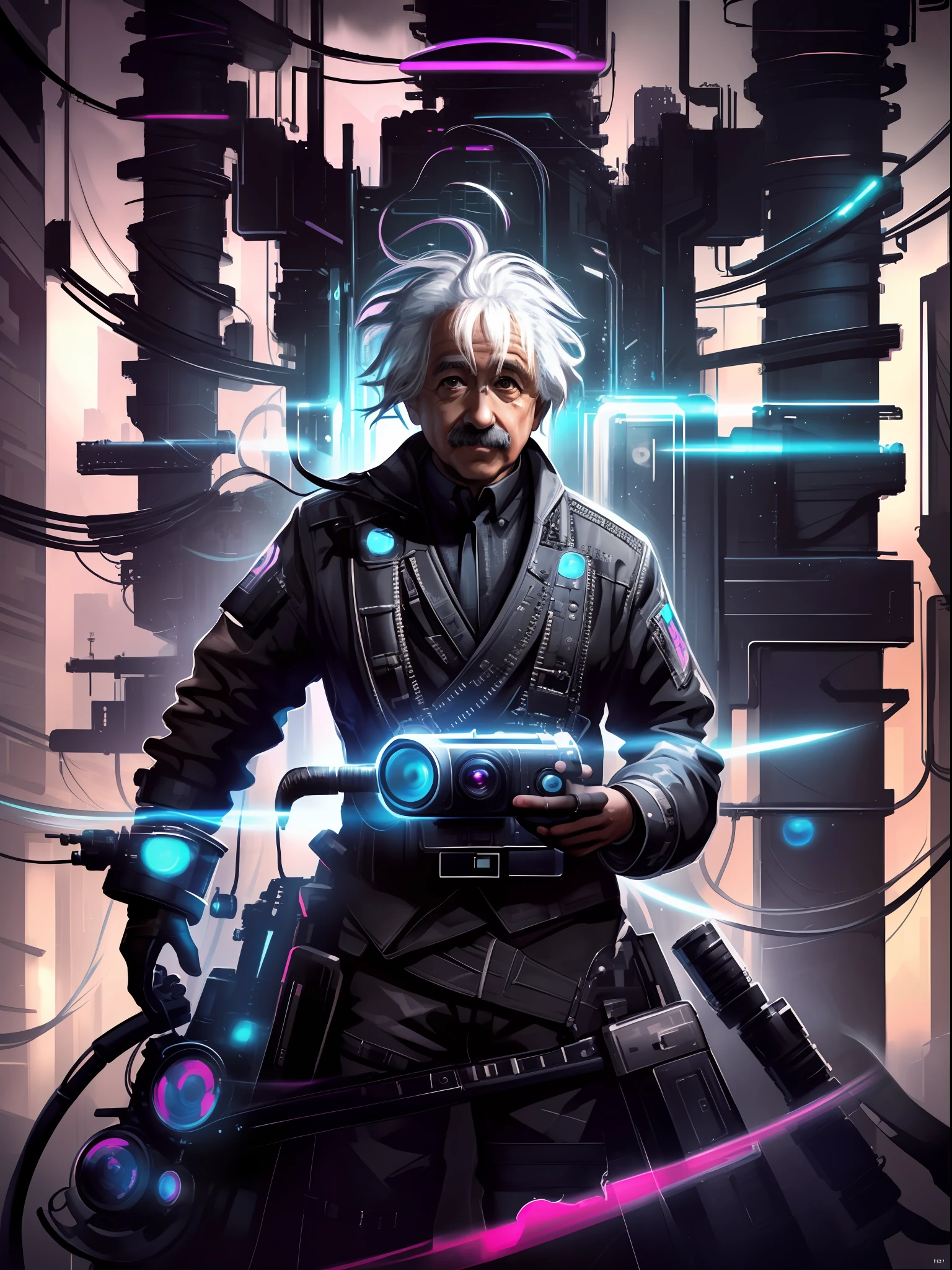 Albert Einstein Albert Einstein holding a camera in has hands, dreamy cyberpunk, cyberpunk art style, , ryes on viewer, (masterpiece:1.3), (best_quality:1.3), (ultra_detailed:1.3), 8k, extremely_clear, realism, (ultrarealistic:1.3),, 1man, solo, insane details, intricate details, hyperdetailed, ultra detailed, extreme detailed, highest detailed, high_detail, colorful, beautiful, hdr, photorealistic, highres, ultra_high_res, photography, aesthetic, extremely delicate, seductive_smile, portrait:1.2, close up