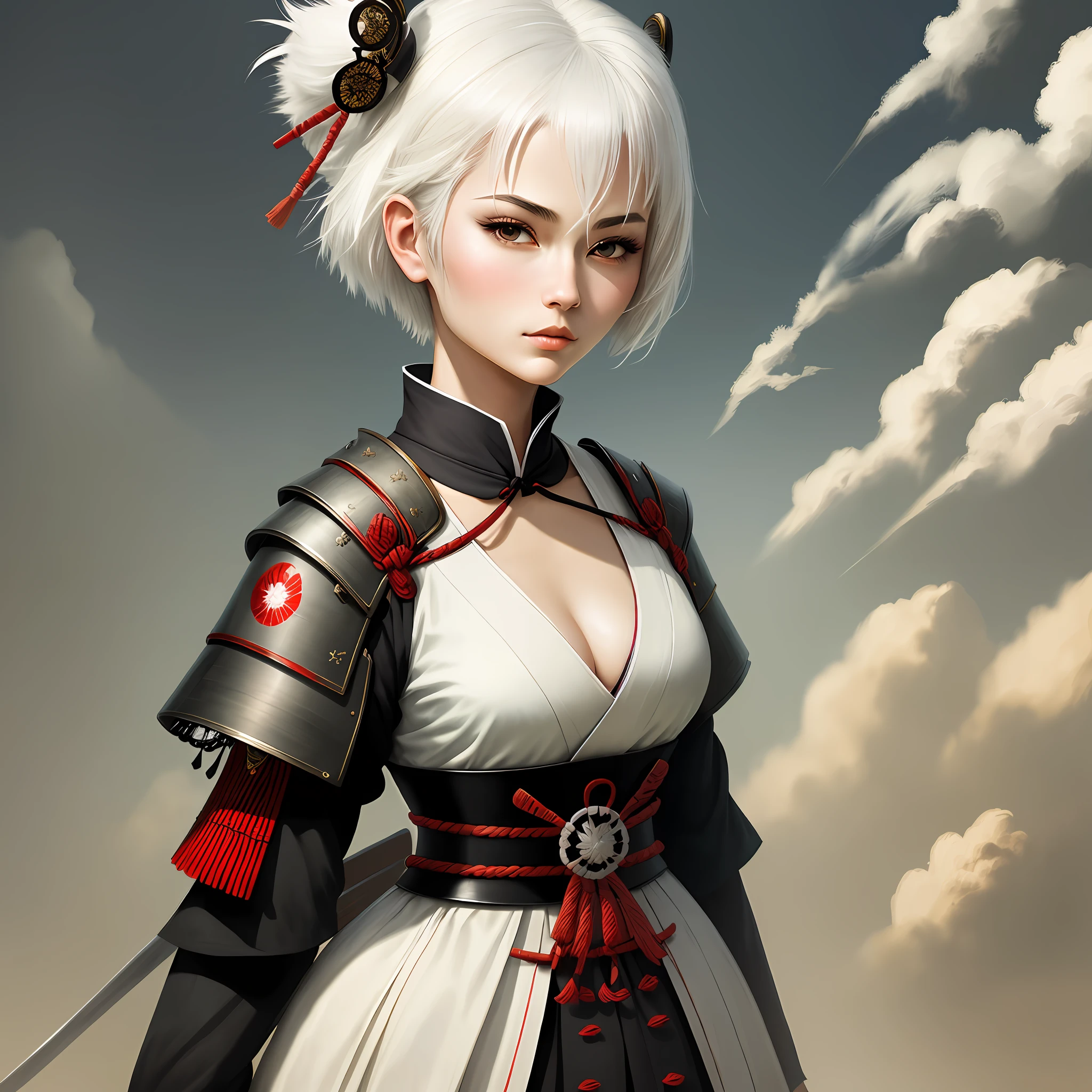 masterpiece, best quality, 1 Female, adult, short white hair, Samurai ,Symbolism,Art, Beautiful , Beautiful , Peace