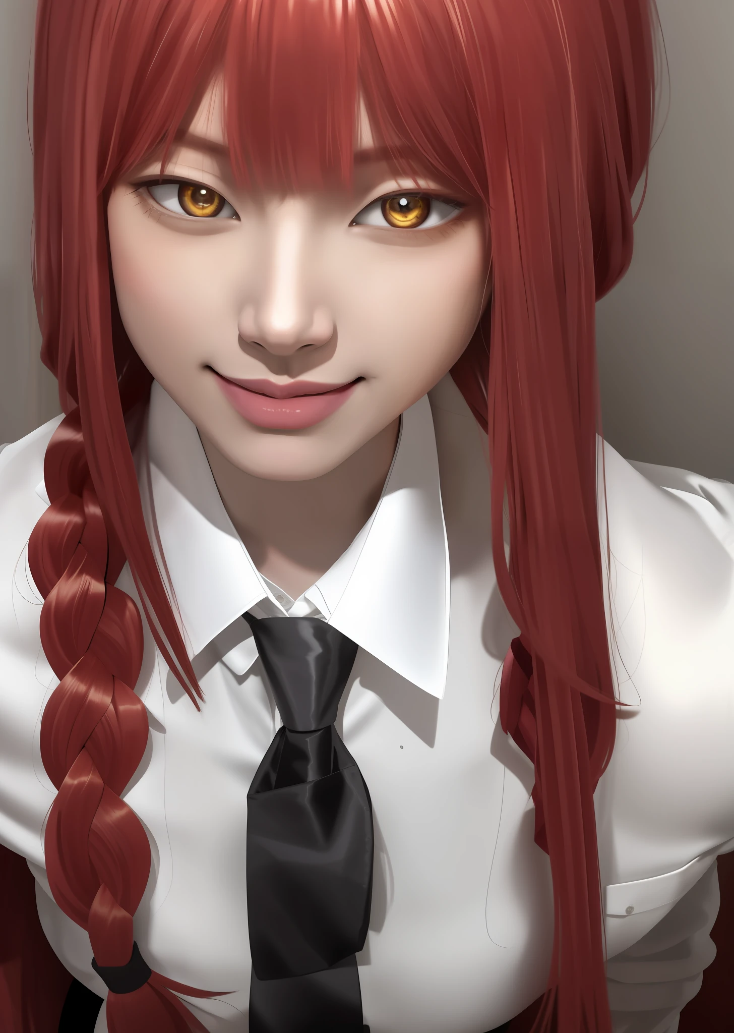 (masterpiece), (best quality),makima \(chainsaw man\), best quality, ultra detailed, 1girl, solo, standing, red hair, long braided hair, golden eyes, sexy, tied \(non-sexual\), bangs, large breasts, low-cut white shirt, loose tie, staring, smile, (bad:1.2), looking at the viewer, (interview:1.3), (dark background, sitting in the office)