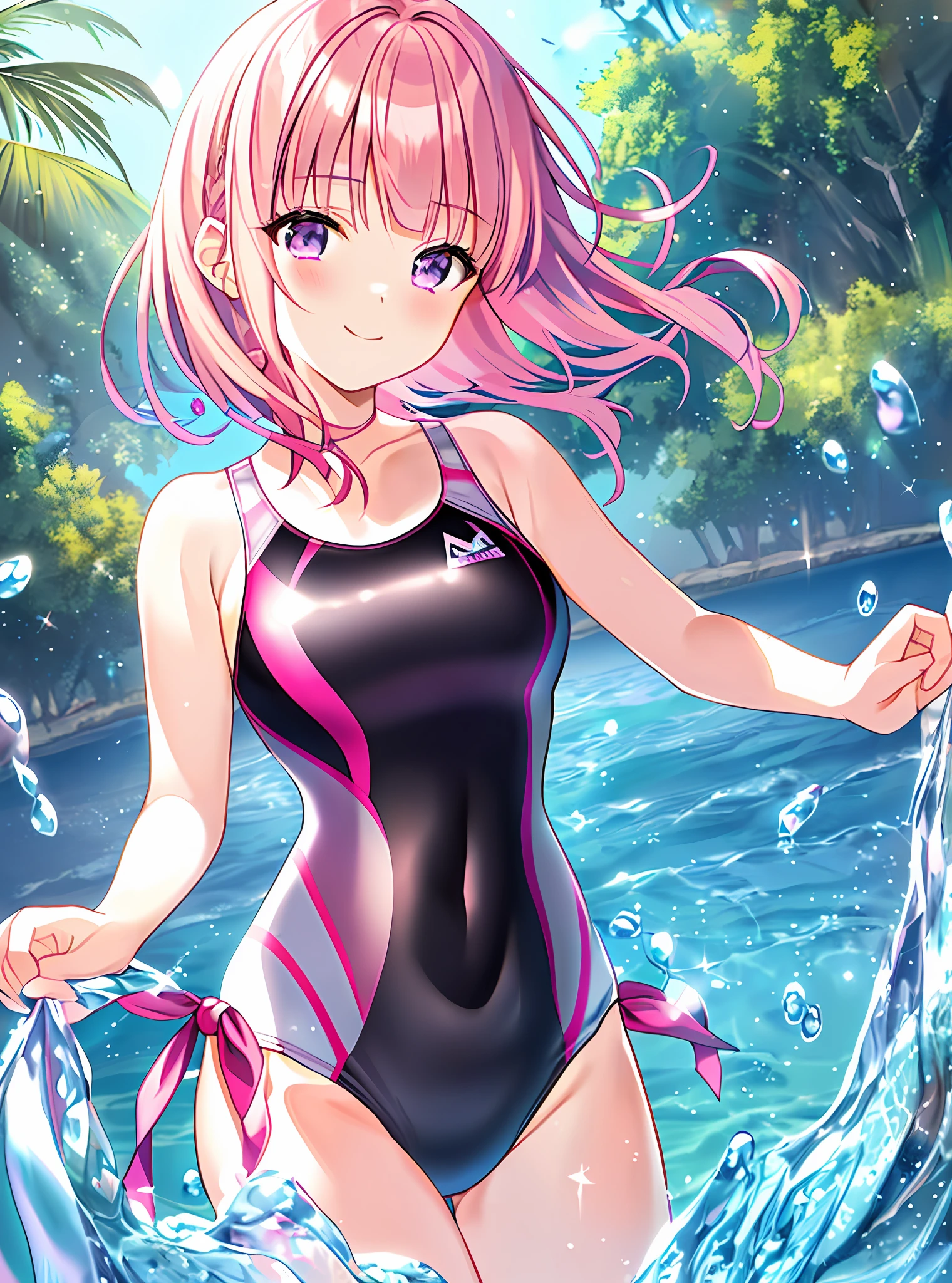 masterpiece, best quality, girl, solo, ((pink hair)), (medium hair), [short hair], glowing eyes, purple eyes, small breasts, looking at viewer, smile, blush, closed mouth, (blunt bangs), beautiful, ((competition swimsuit)), (black swimsuit), (bare arms), shiny clothes, (shiny swimsuit), (lighting), underwater, [cute], high-leg, ((floating ribbons)), detailed