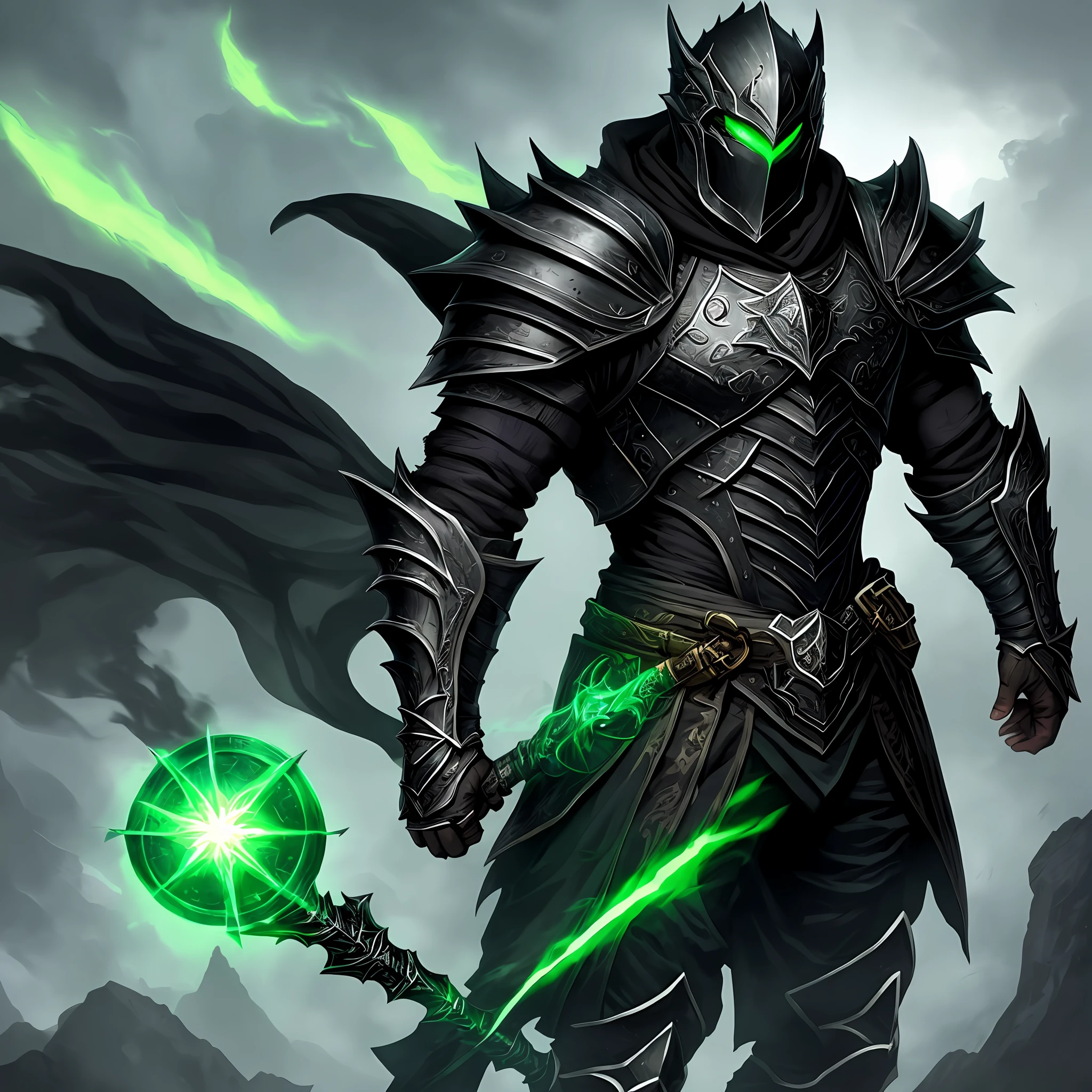 Fantasy Dark Male Armor, Black with Green Viewfinder, RPG Background