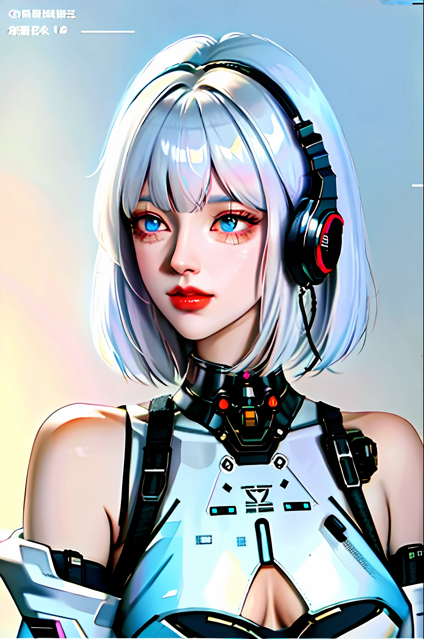 1girl, bangs, white hair, blue eyes, fashi-girl,bob cut,short hair, cleavage, collarbone, open jacket,mecha,cyberpunk,neon lights,large breasts,mature female,shiny skin,rain,water drop,badass,alluring,mecha musume,ghost in the shell,red lips,looking to the side,closed mouth,headphones,cinematic lighting
