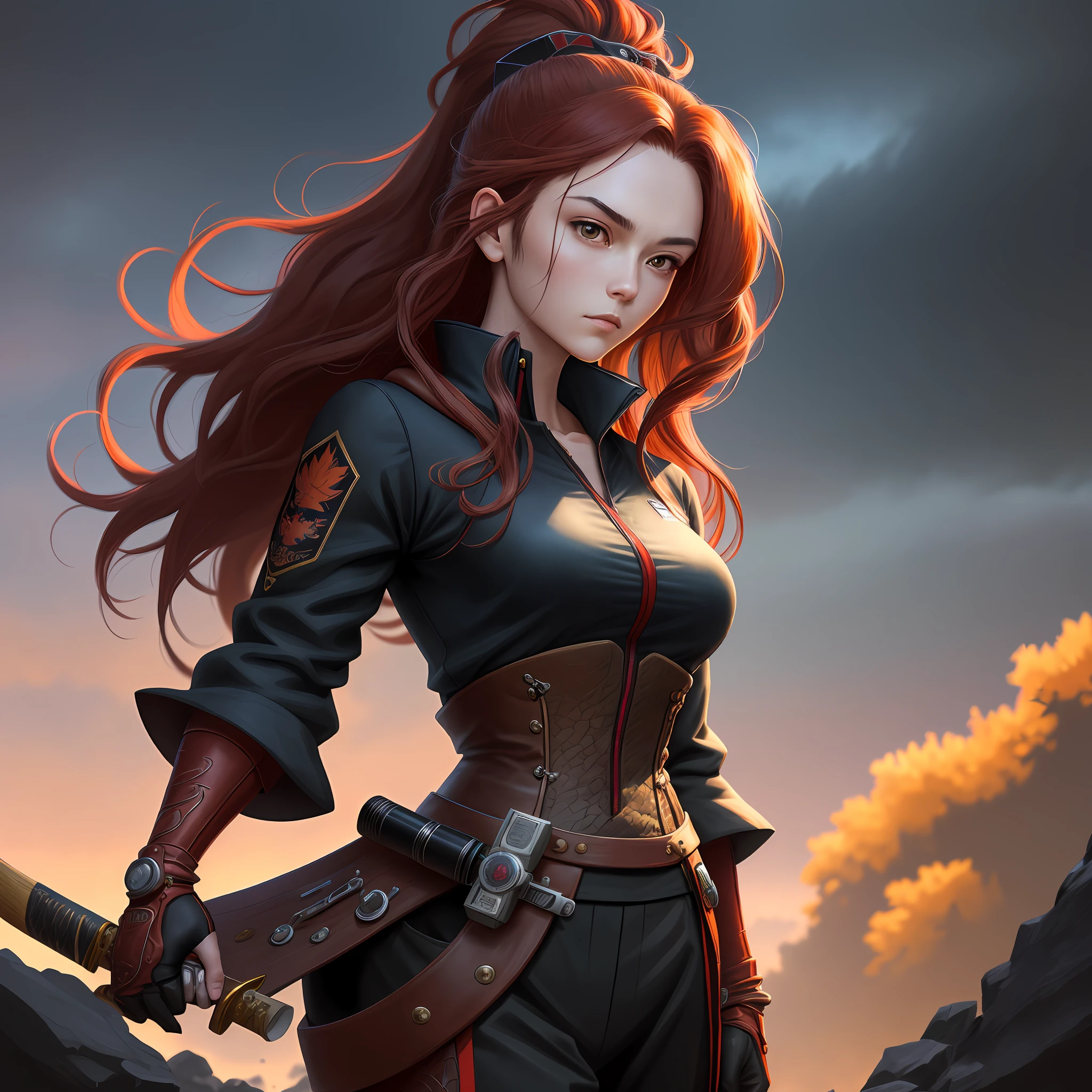 A beautiful anime portrait, gym body female, age 27, 5 fingers, looking away, Japanese pop singer, female dragon texture, stocking, hold wooden katana, yakuza suit outfit, gloves, 90s Anime artstyle, messy wavy long red hair, beard, black gloves, calm serious exprewssion, painted, intricate, volumetric lighting, beautiful, rich deep colors masterpiece, sharp focus, ultra detailed, in the style of dan mumford and marc simonetti, astrophotography, symmetry, Surrealism, Realism, Suprematism, Hyperrealism, Impressionism, Fujicolor, vanishing point, wide shot, Eye-Level Shot, Ultra-Wide Angle, Hasselblad, Sony FE, UHD, retina, masterpiece, ccurate, anatomically correct, textured skin, super detail, high details, high quality, best quality, highres